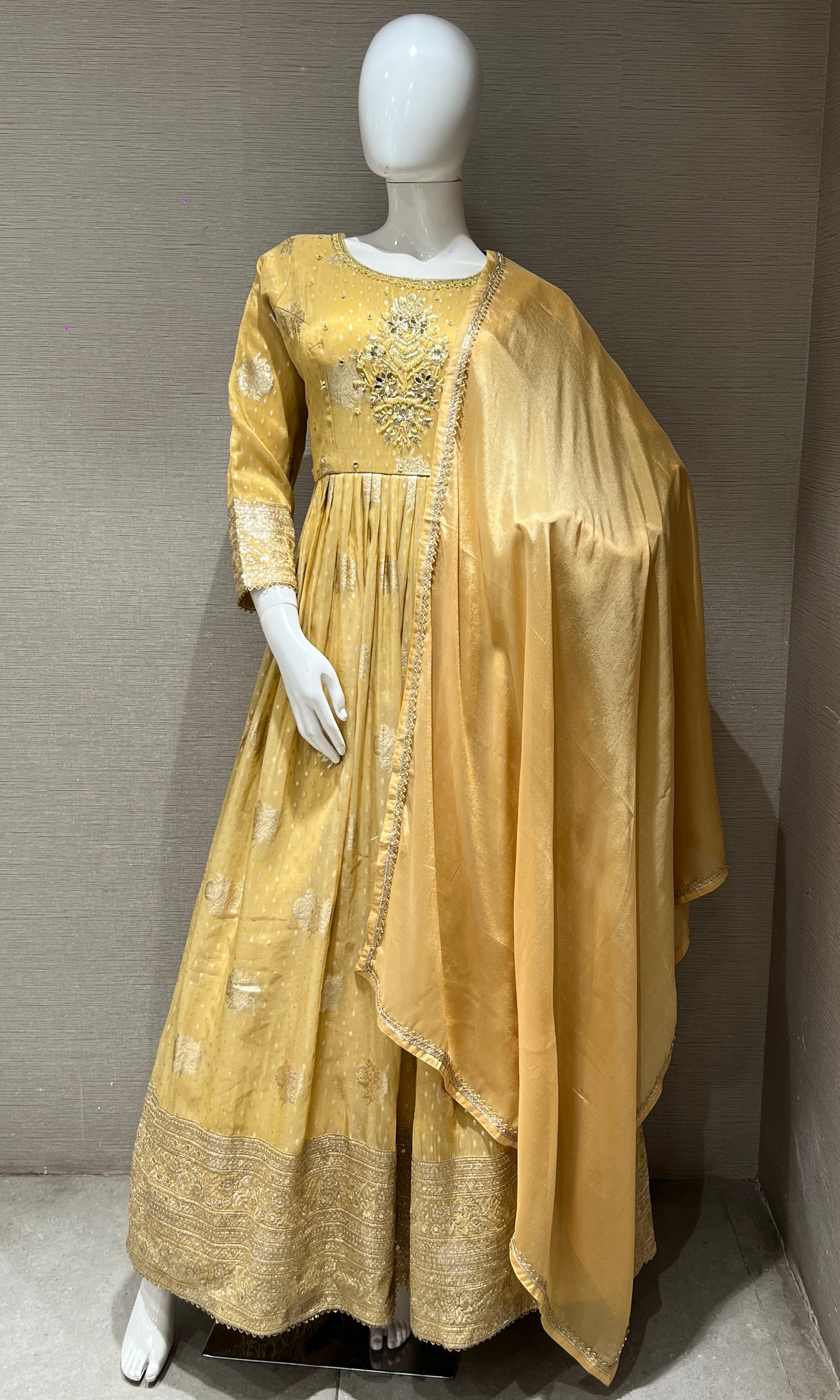 Llight yellow long anarkali with gold embroidered