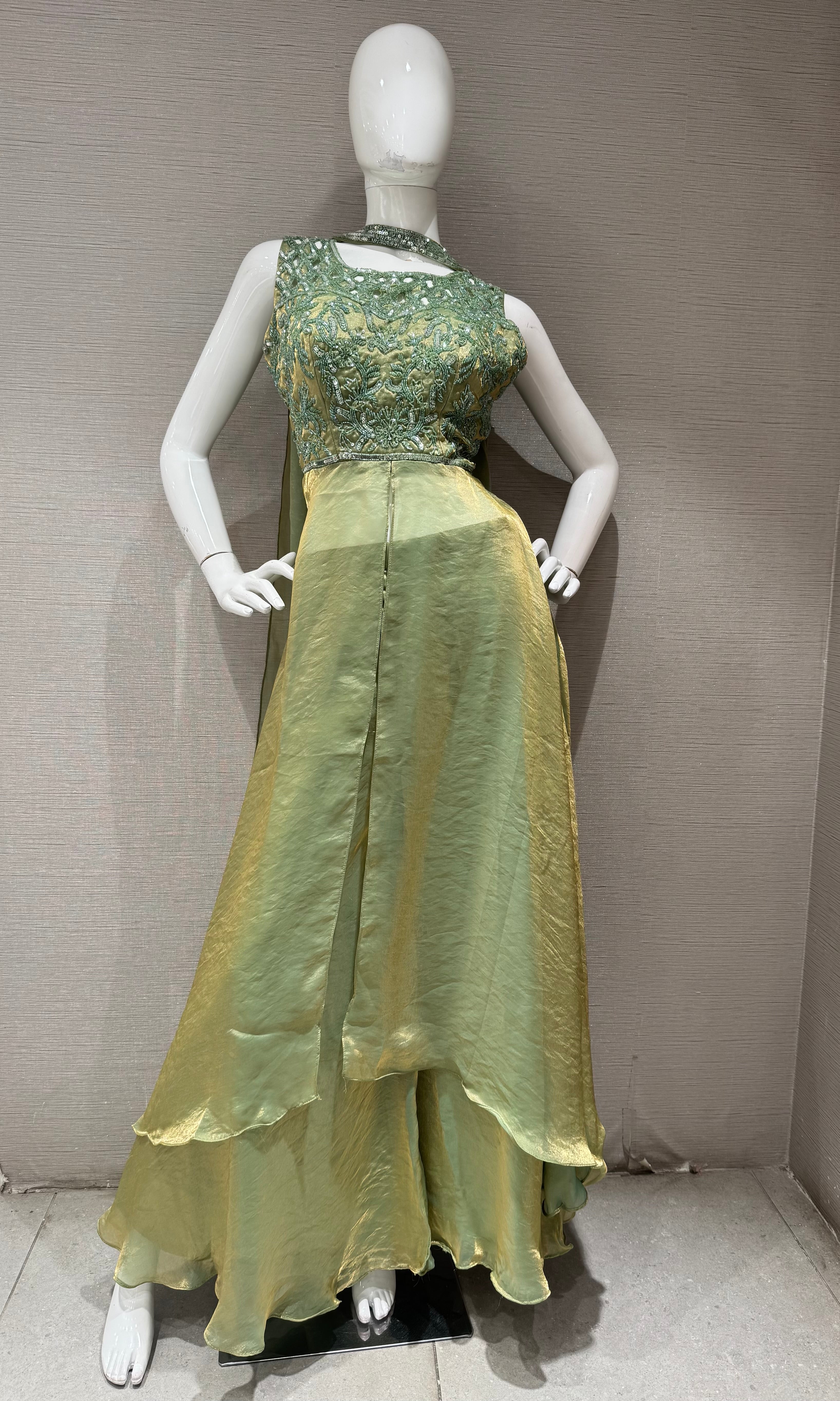 Green Front slit anarkali with palazzo pants