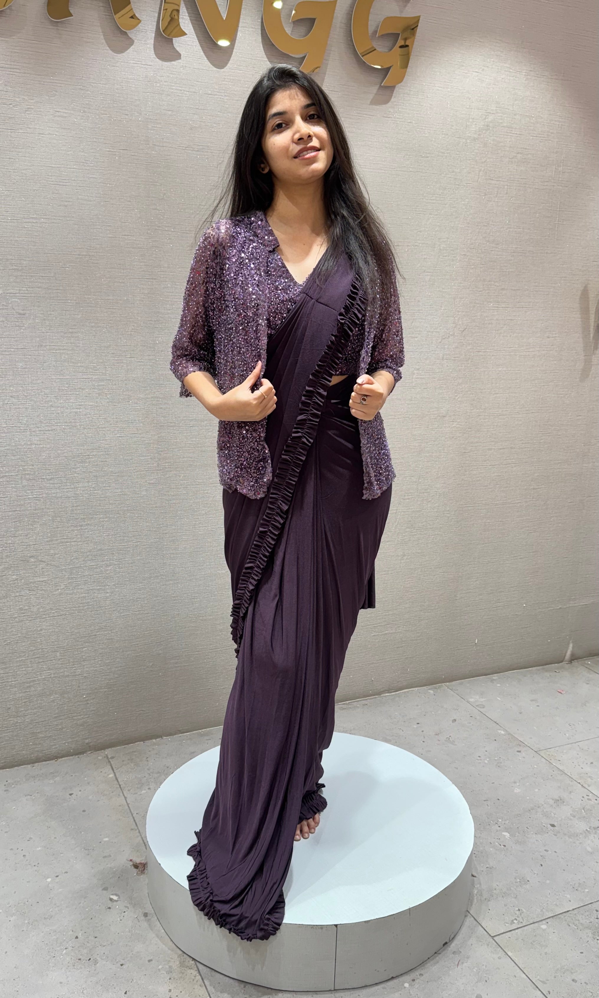 Wine Drape Saree with Embroidered Jacket