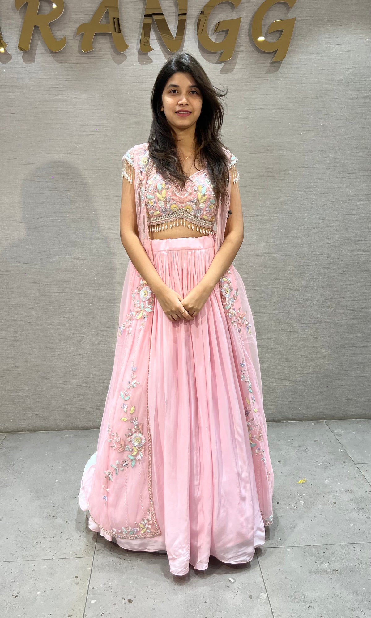 Blush Pink Floral Embroidered Crop Top Lehenga
