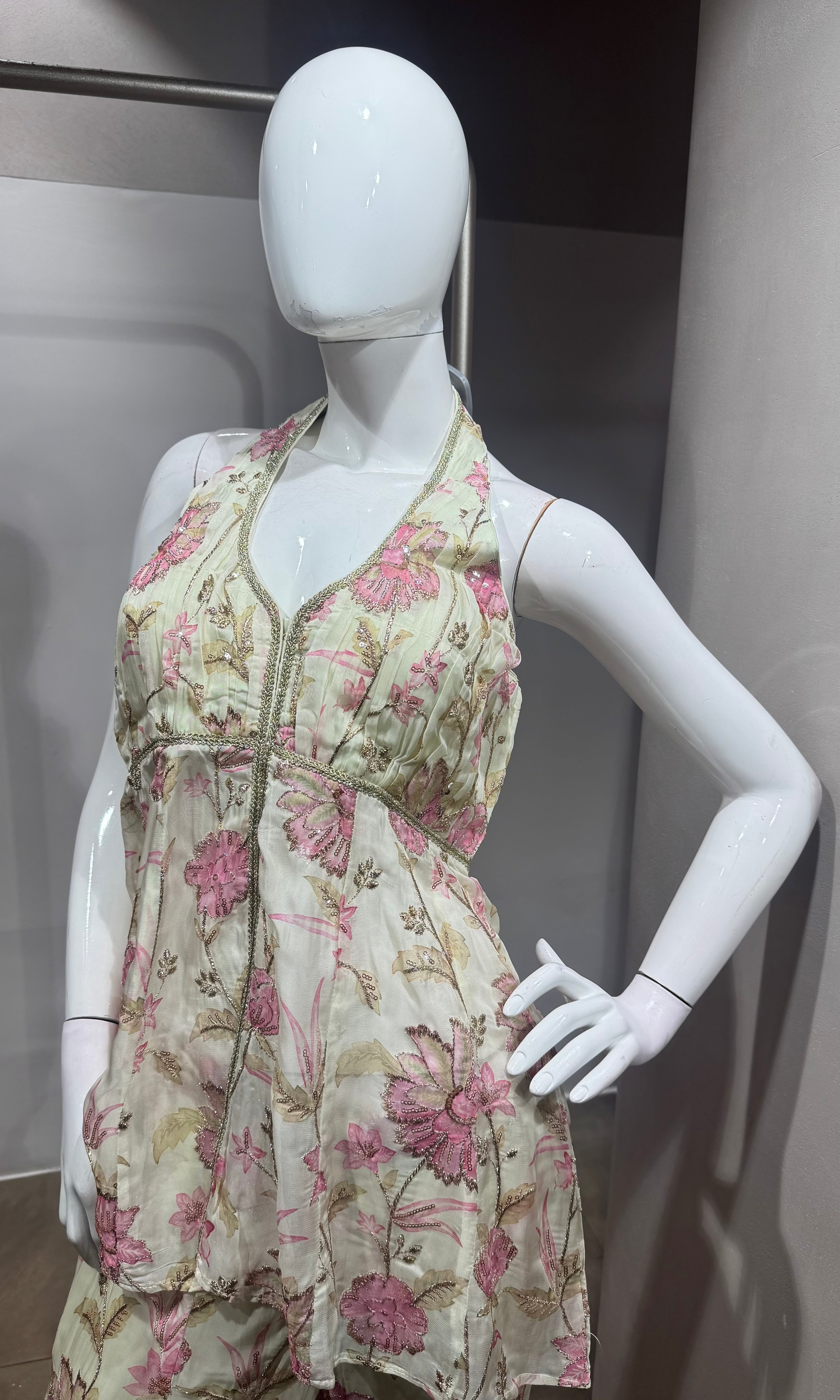 Ivory Floral Halter Peplum palazzo Set