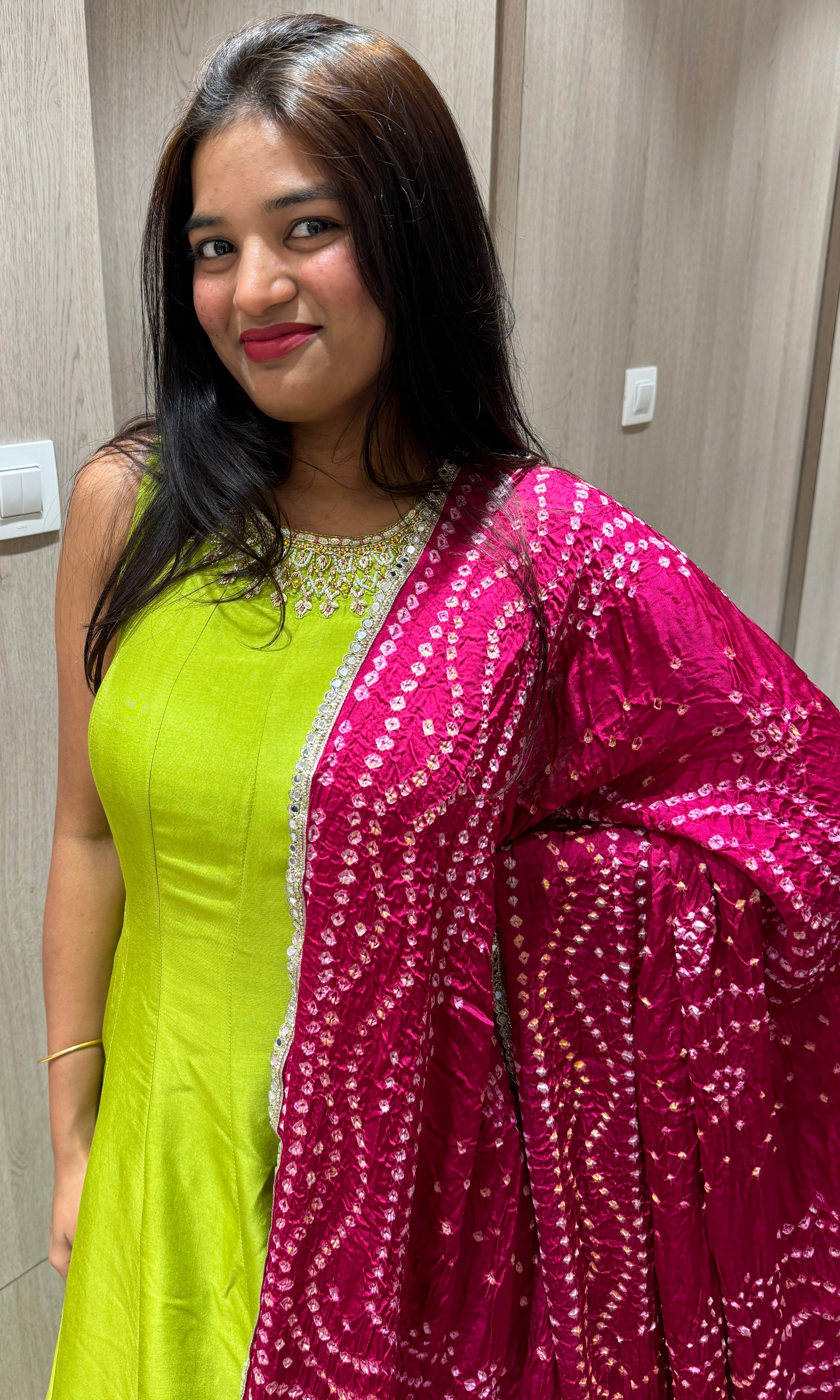 P green long dress with bandhani dupatta
