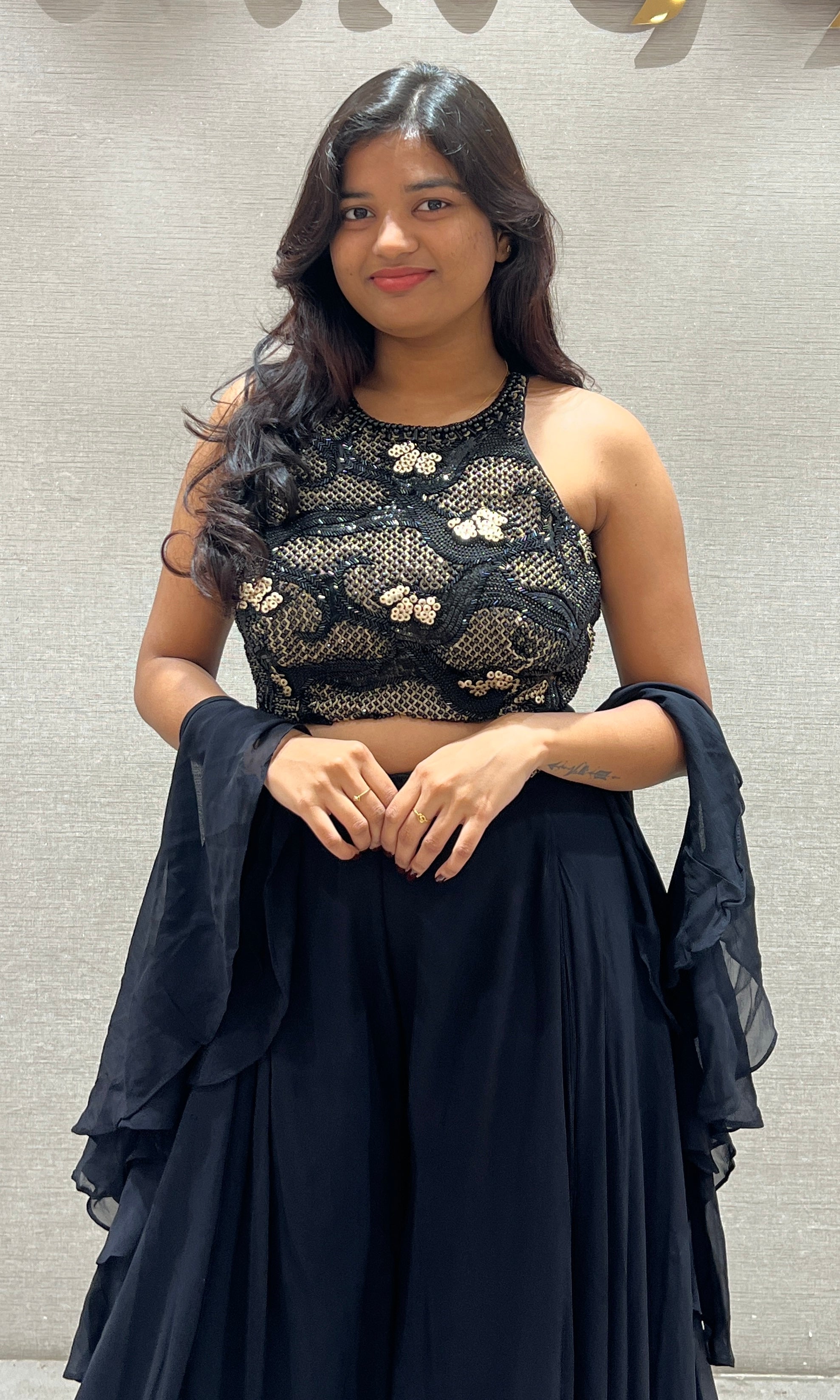 Black Embellished Halter Neck Top and Skirt