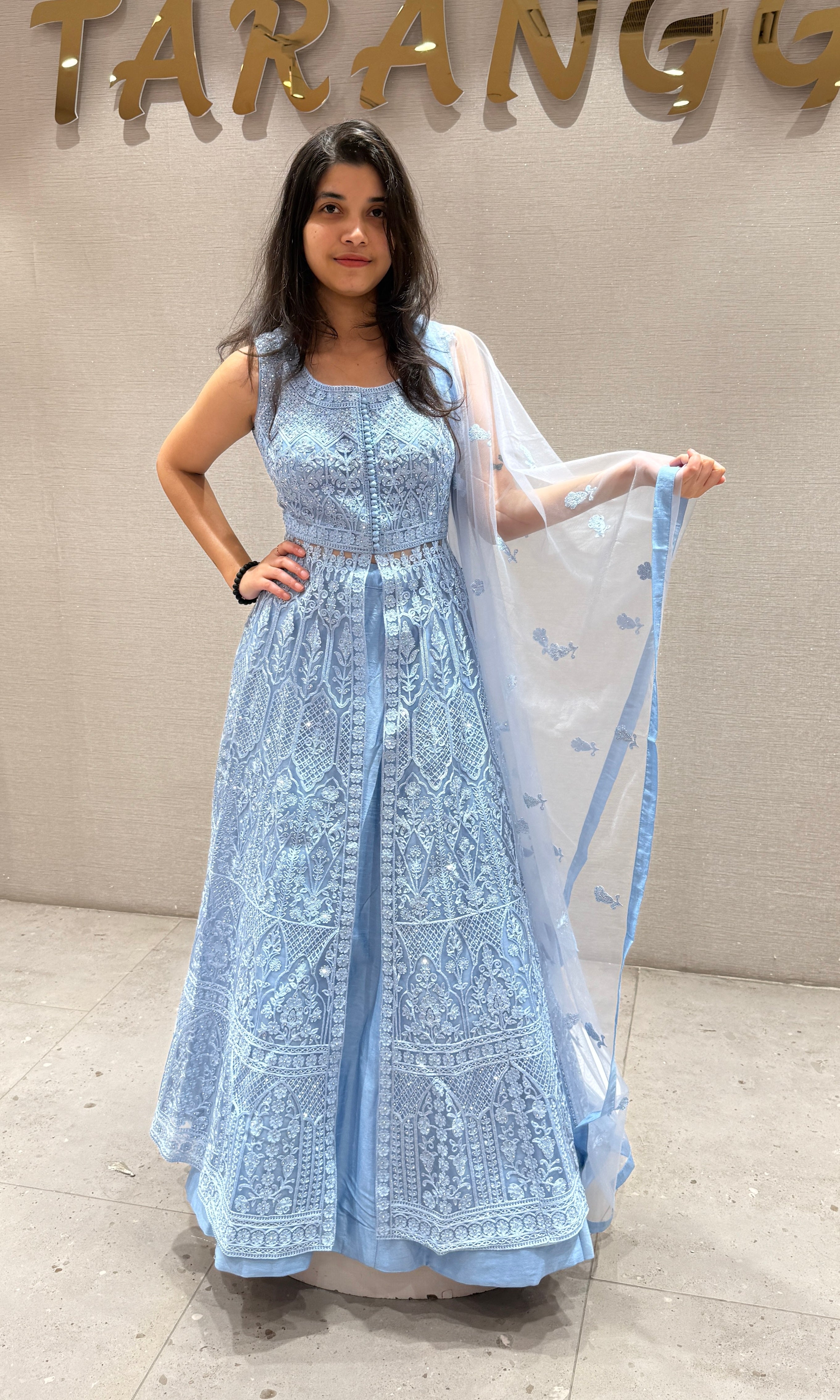 Sea blue EMBROIDERED front slit Anarkali