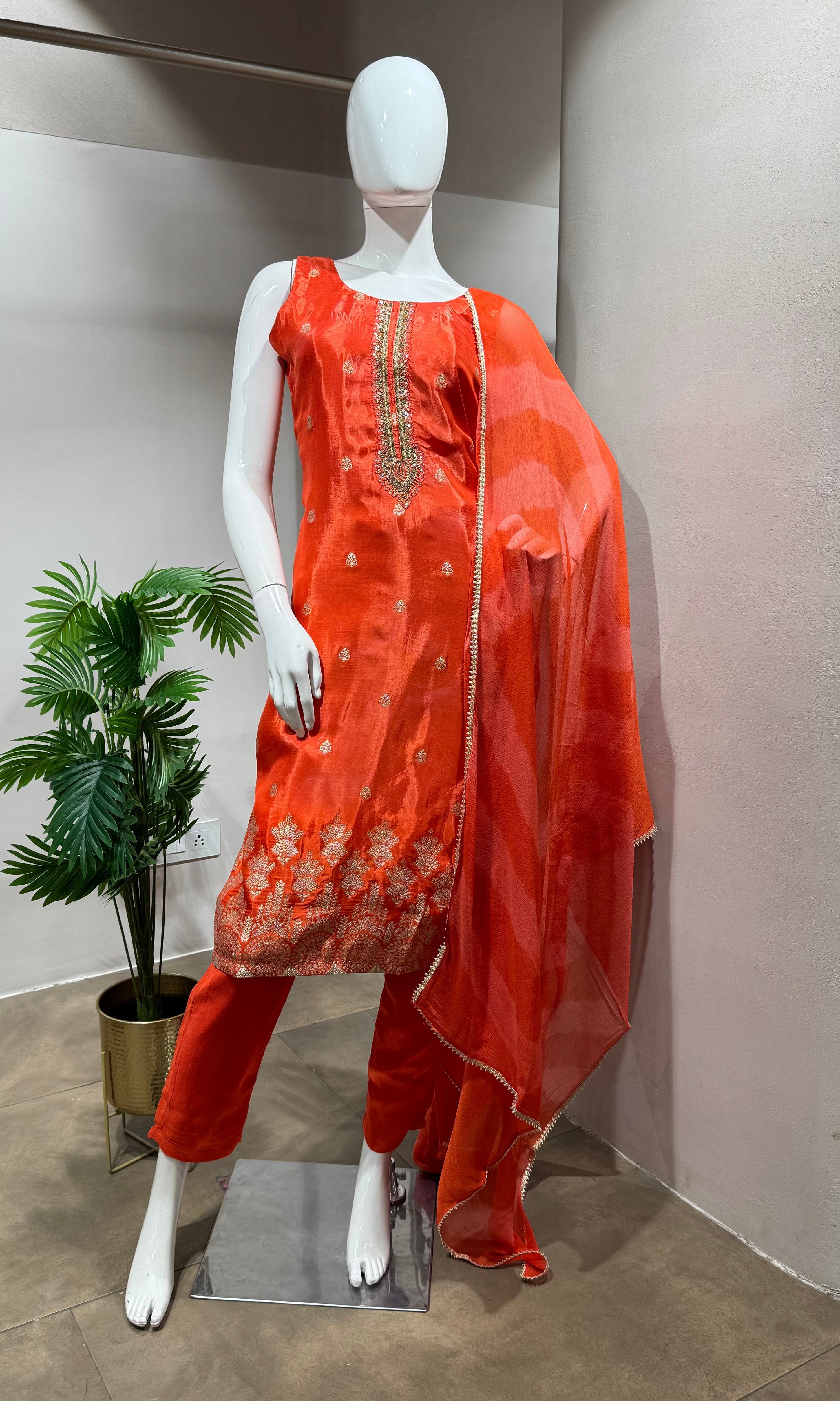 Orange Silk Embroidered Straight Kurta Set