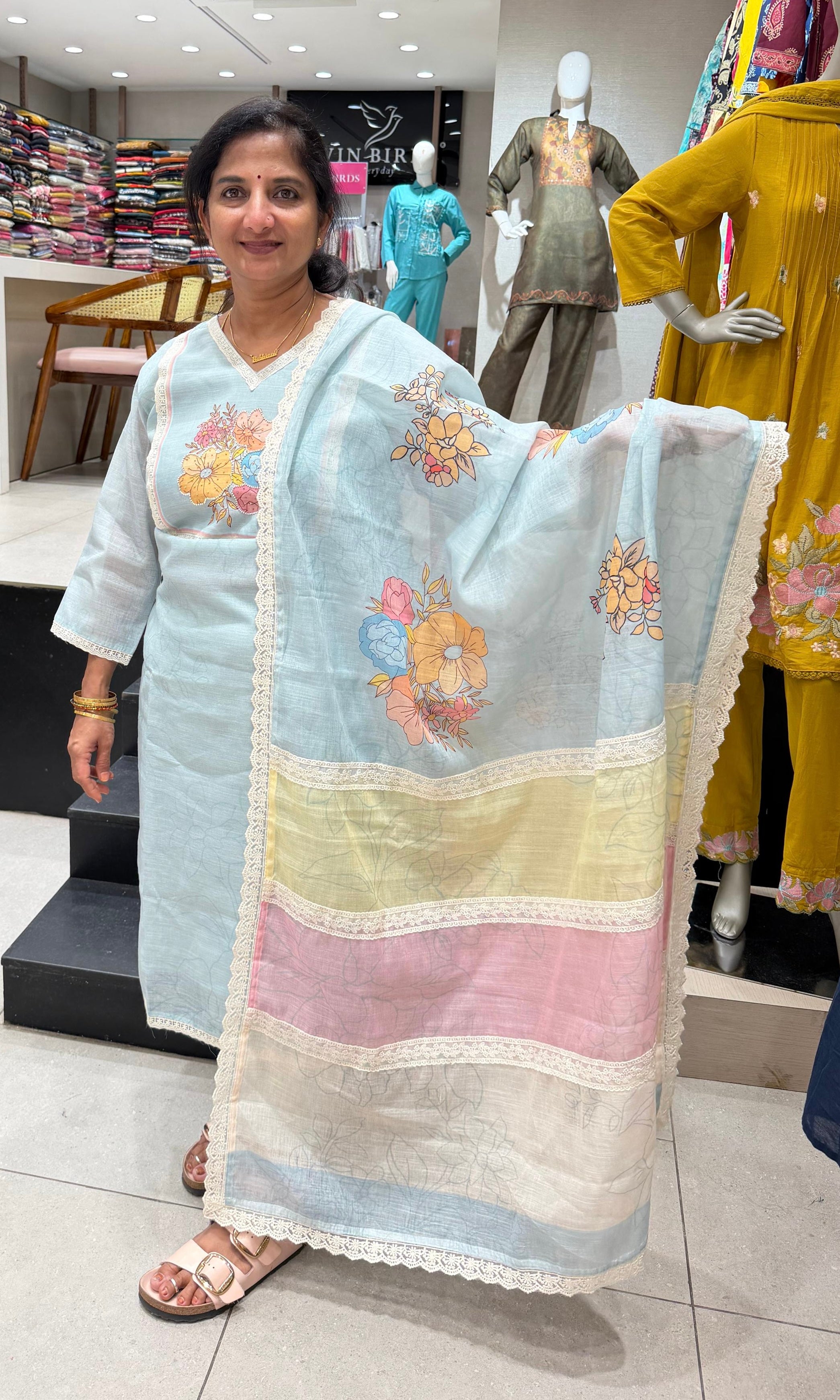 Sky Blue Straight Kurta Set with Multicolor Pastel dupatta