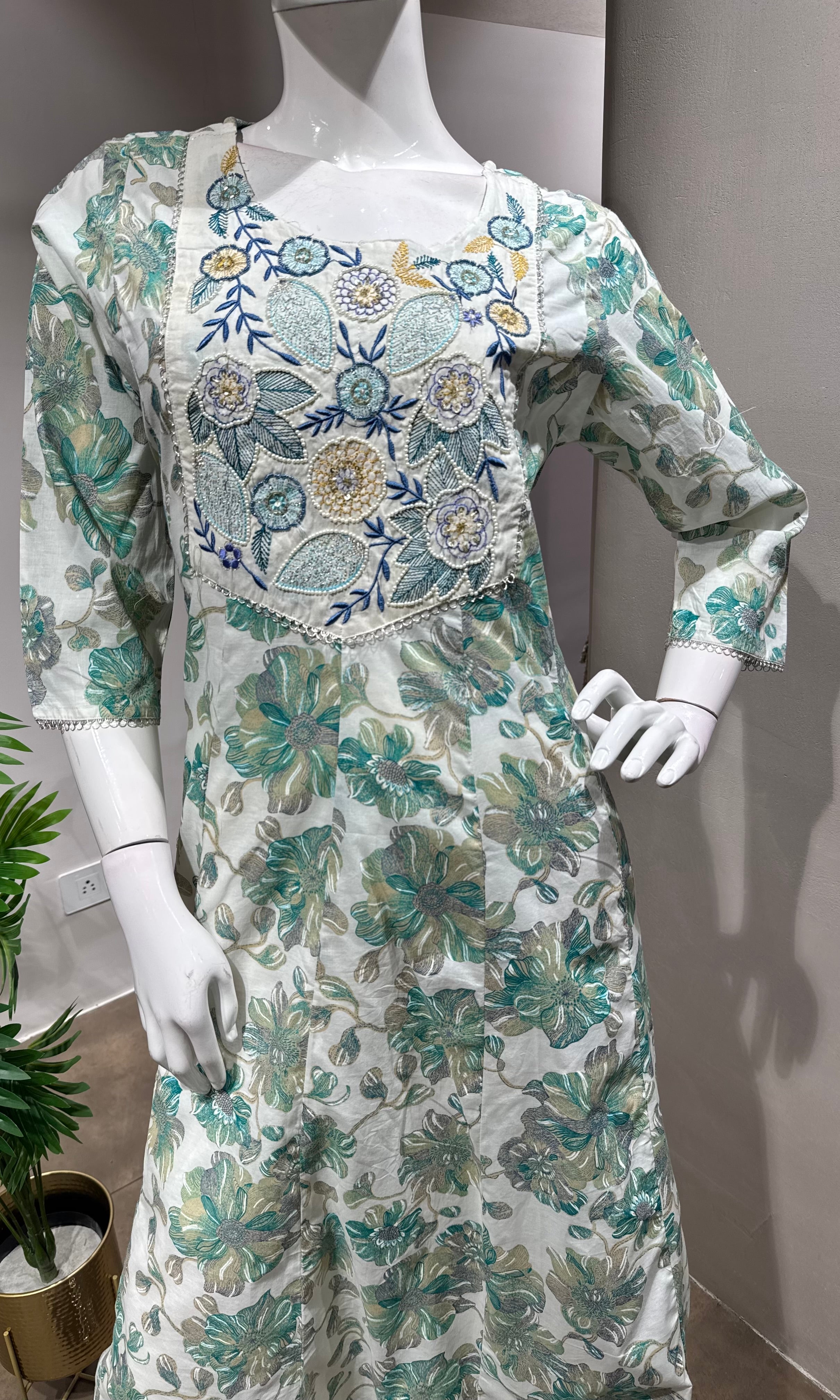 SEA BLUE FLORAL PRINTED EMBROIDERED KURTA SET