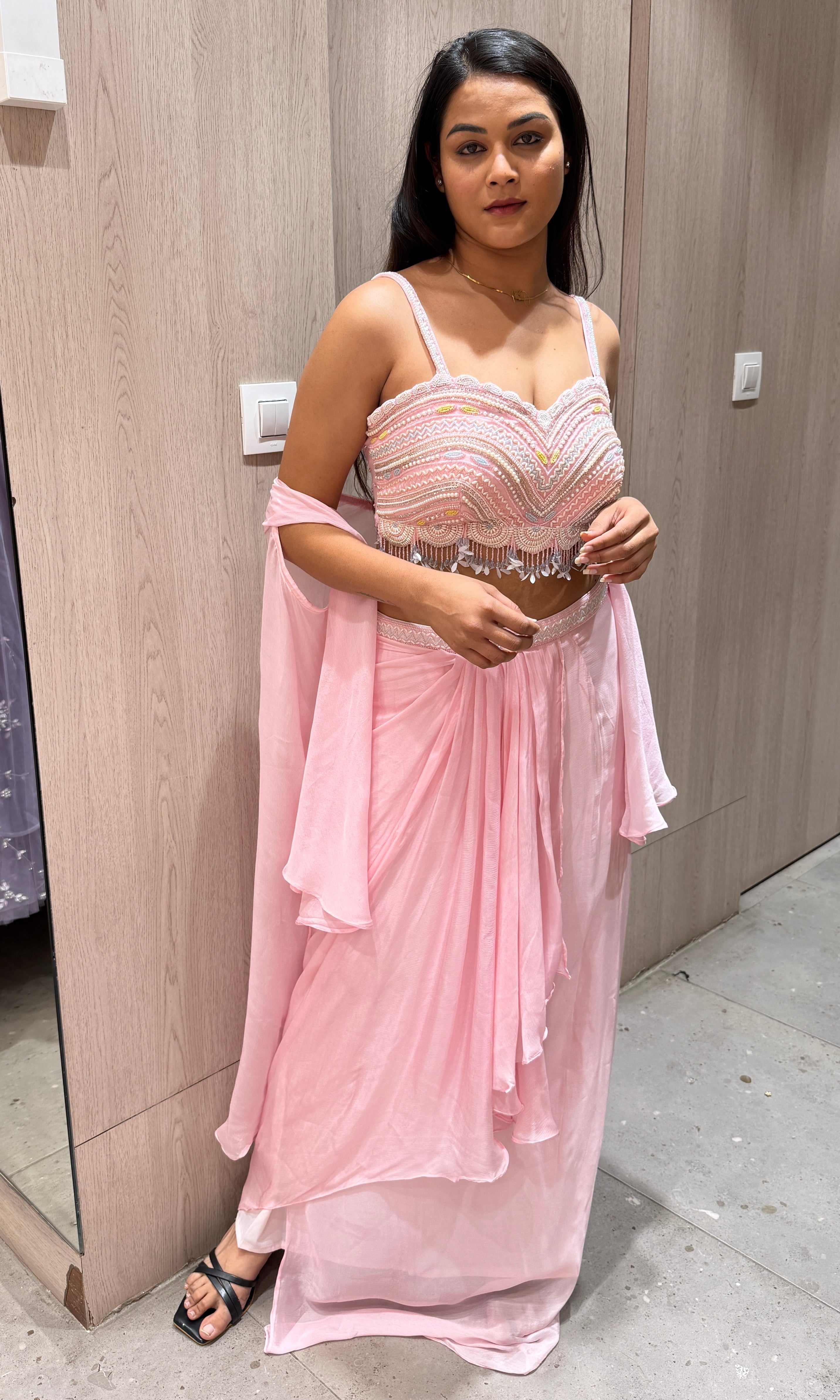 Pink 3 piece Indo western dress with cape