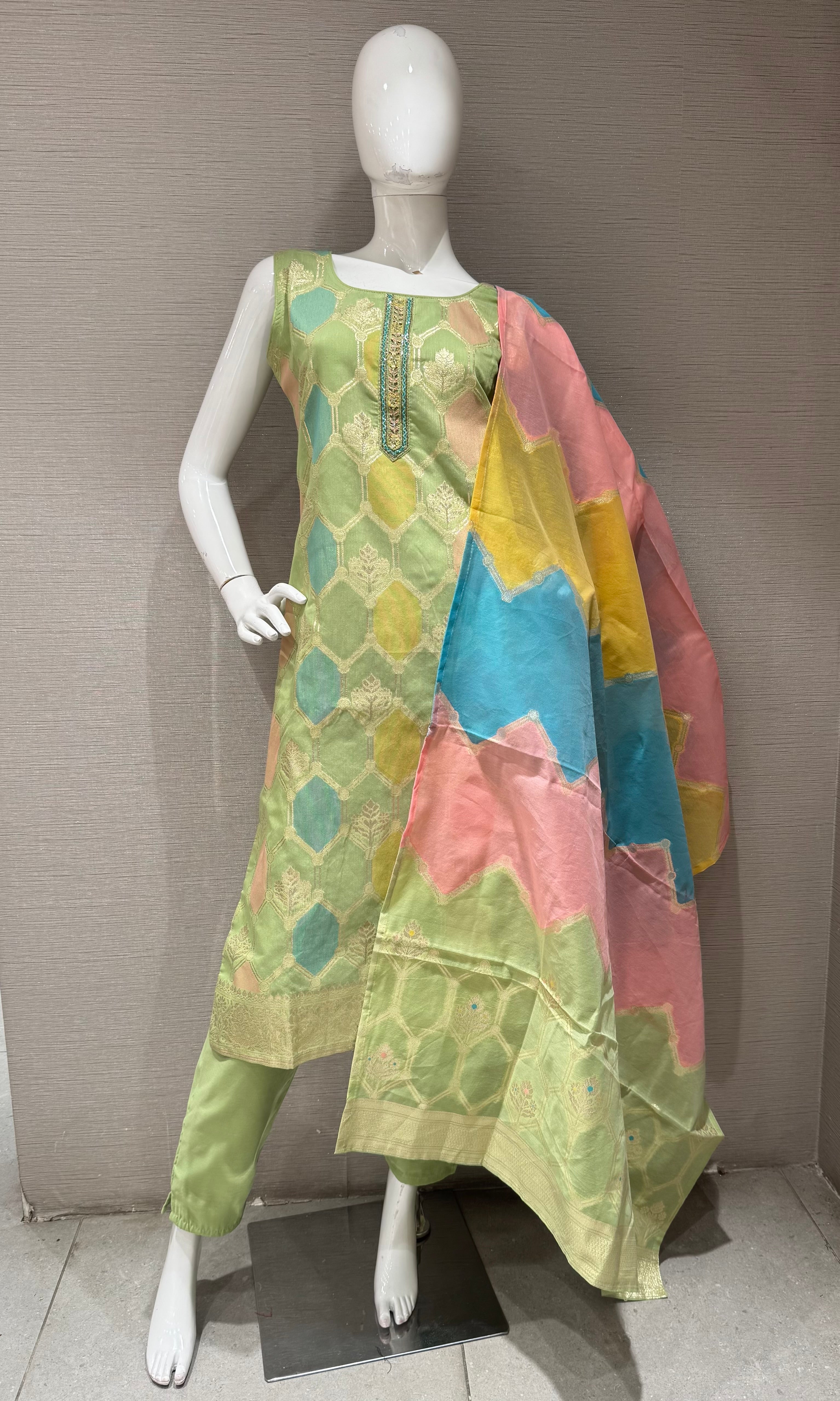 Pista Green Silk Salwar Suit with Multicolor Printed Dupatta