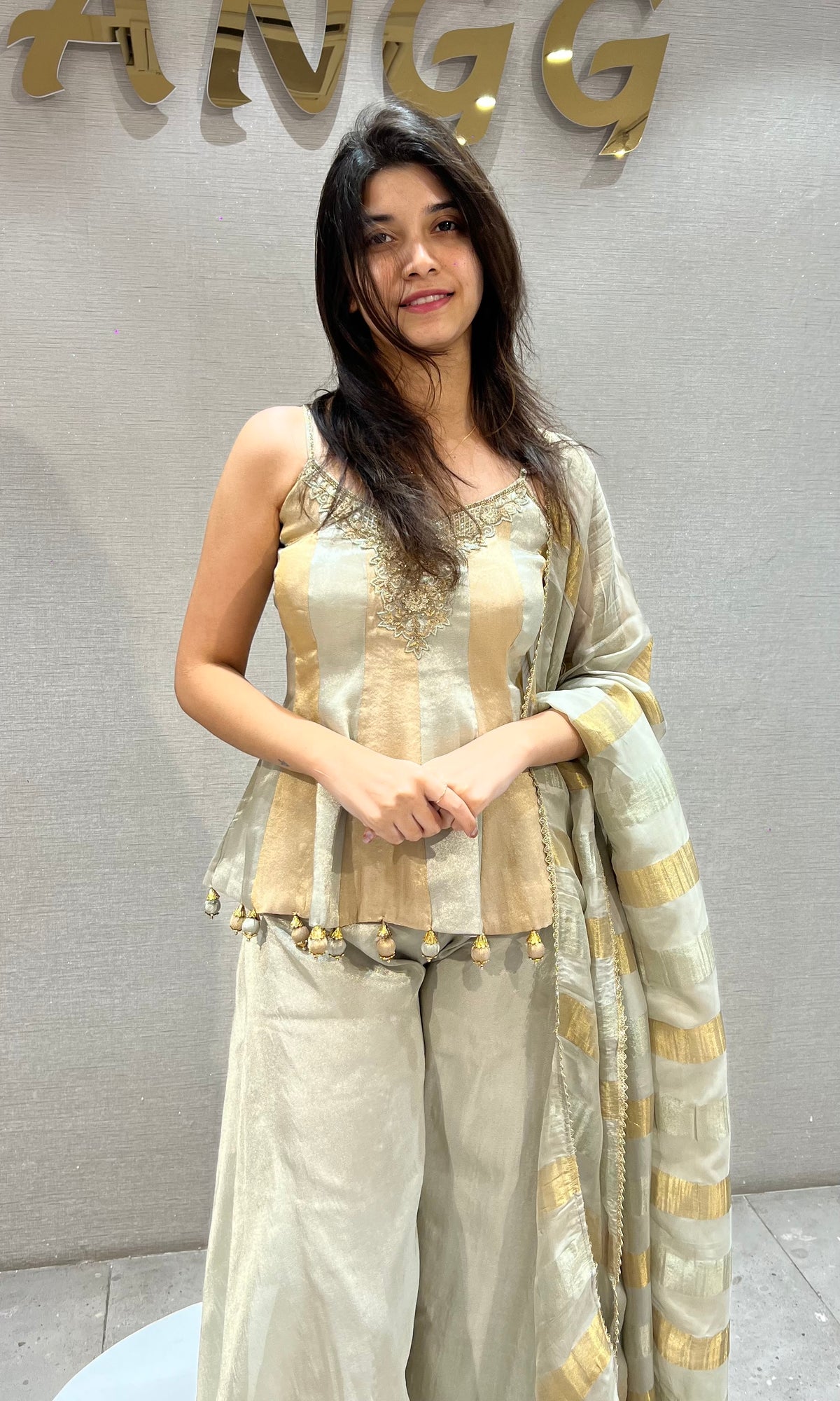 Grey GOLDEN TISSUE PEPLUM PALAZZO SET