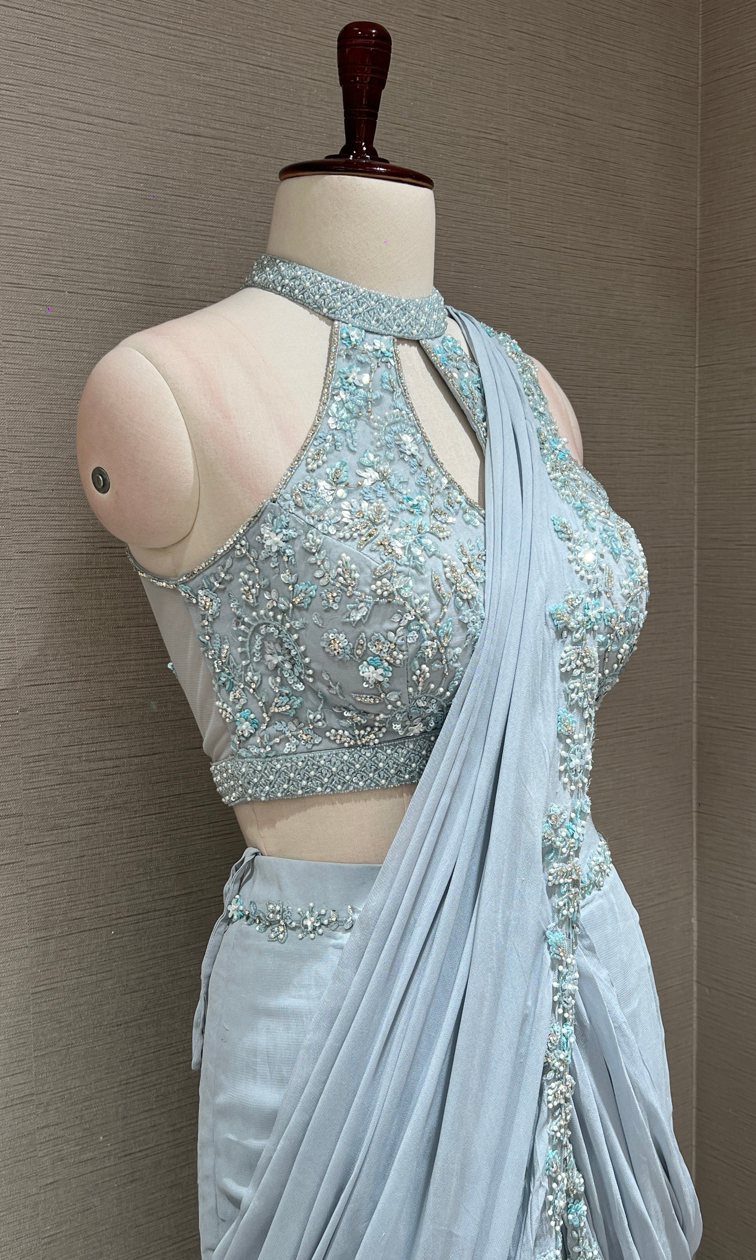 Sea Blue Draped Saree with Halter Blouse