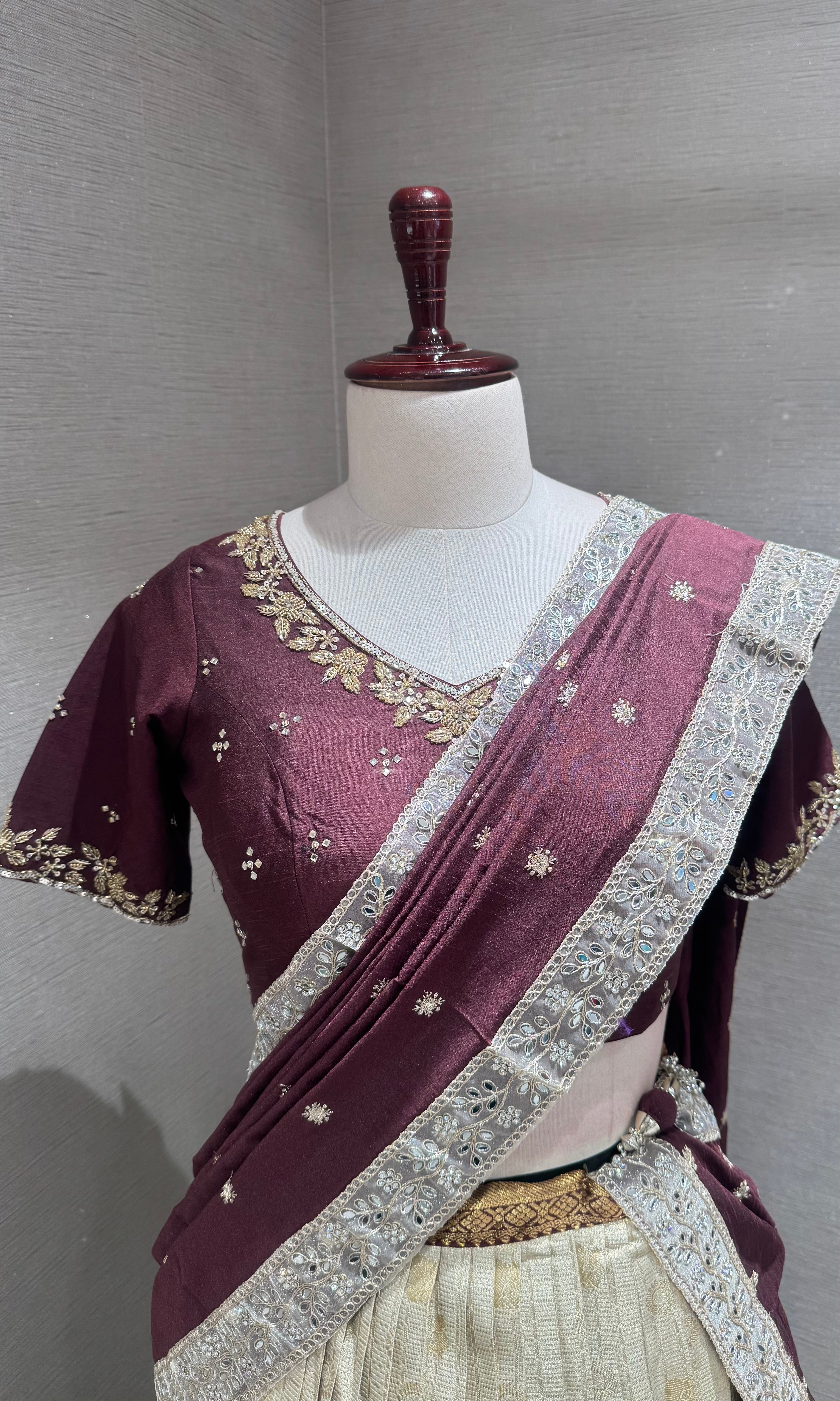 Brown and gold banarasi pattu lehenga with embroidered blouse