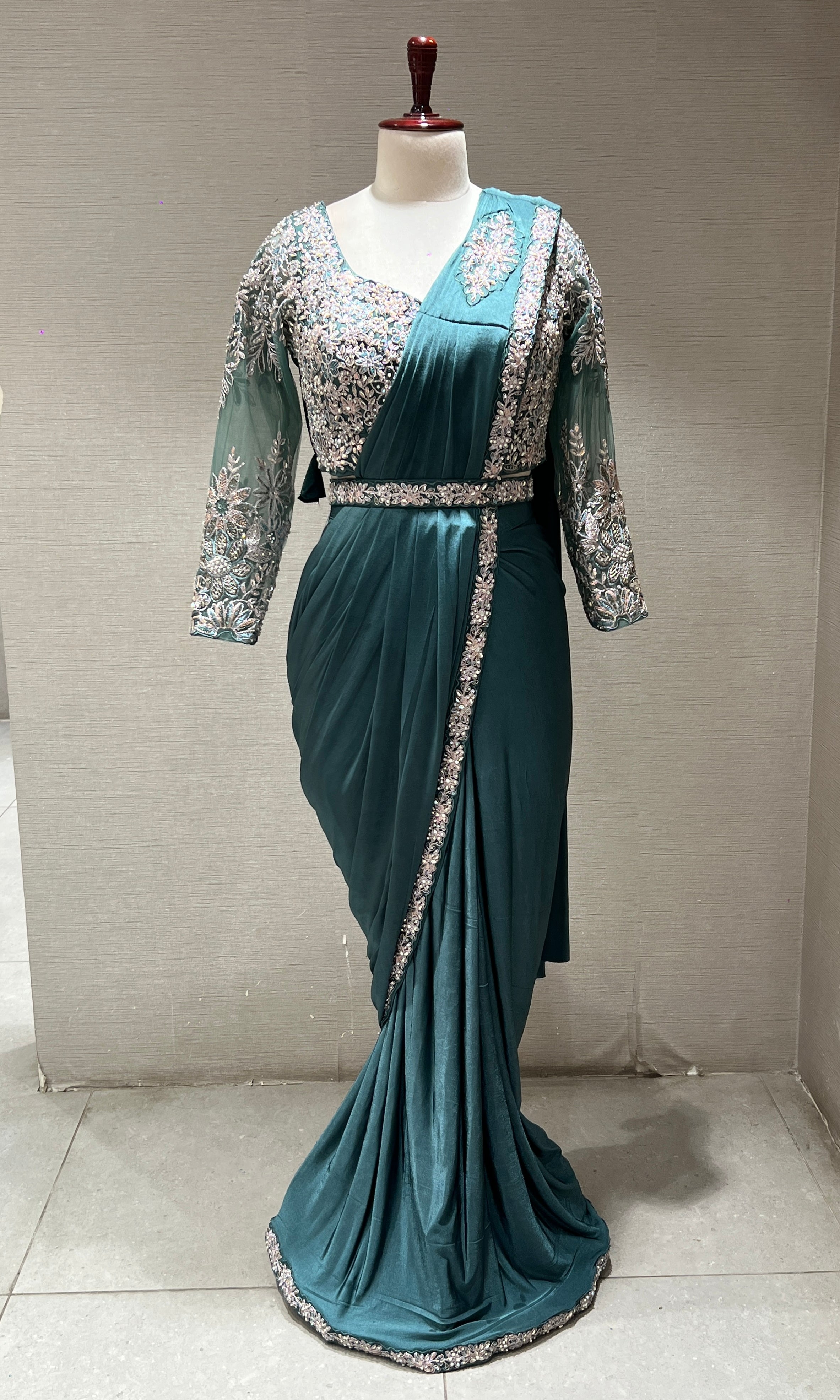 SEA GREEN DRAPE SAREE WITH FLORAL BLOUSE & BELT