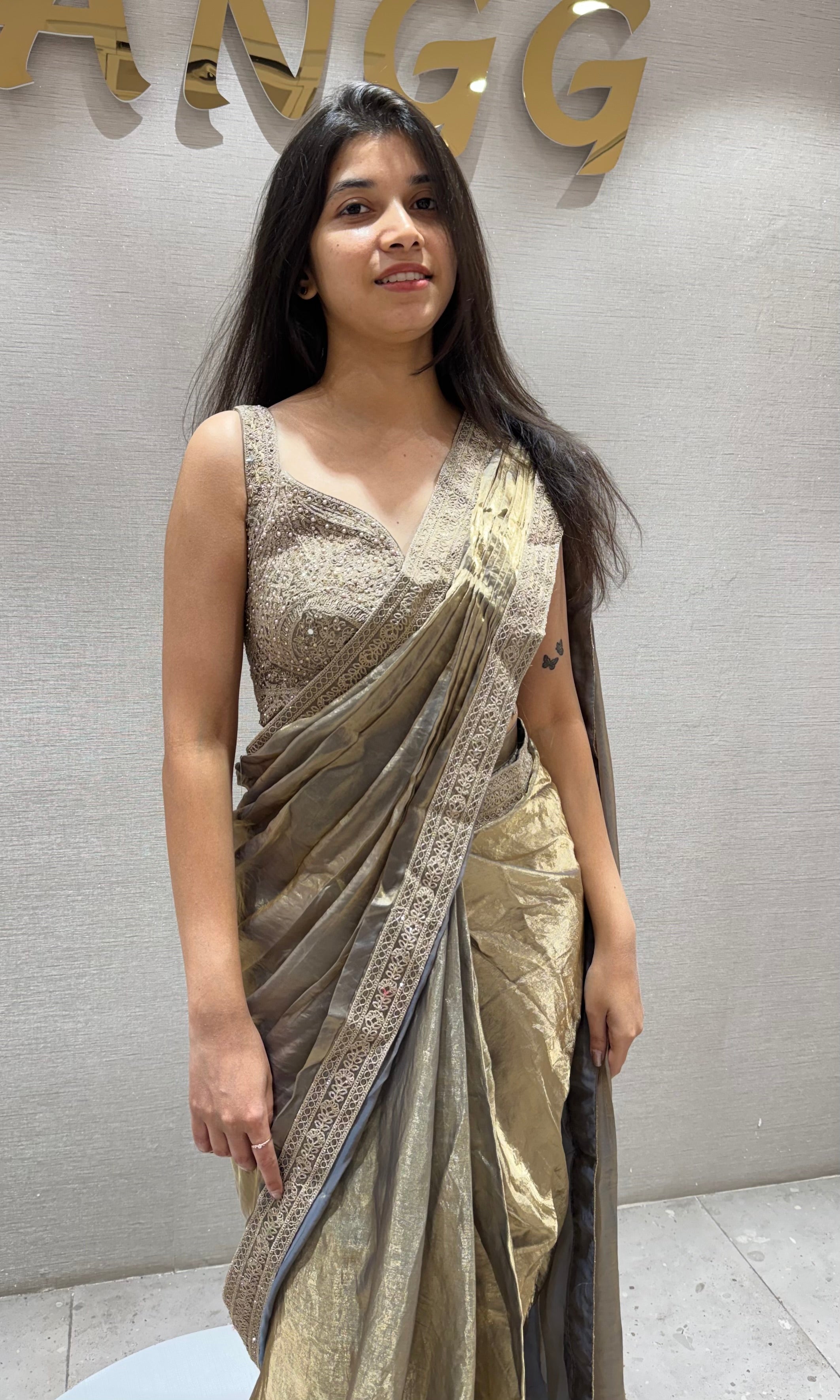 GREY Draped Saree with Embroidered blouse