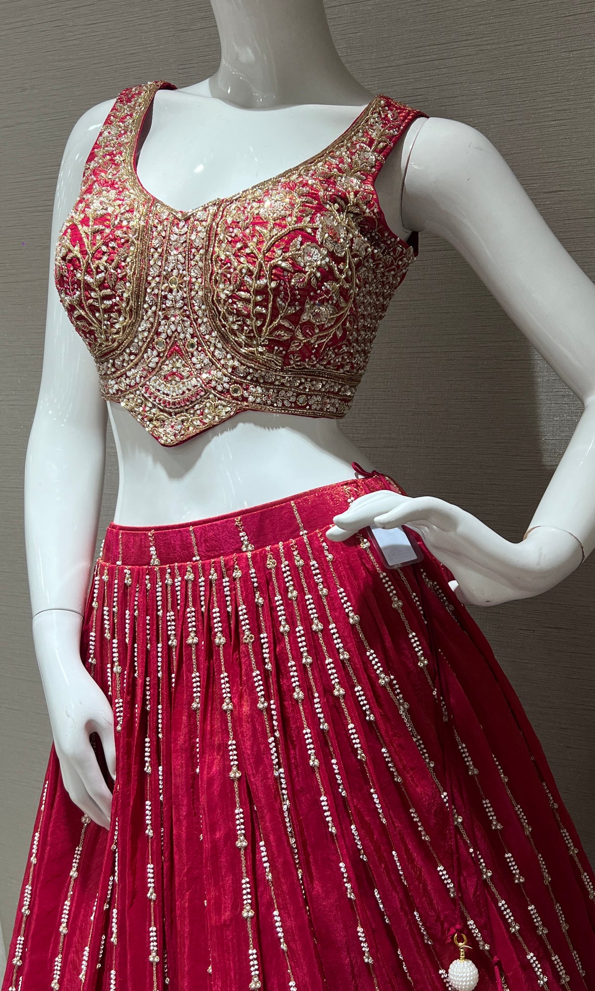 Bright red maroon tissue Embroidered Lehenga