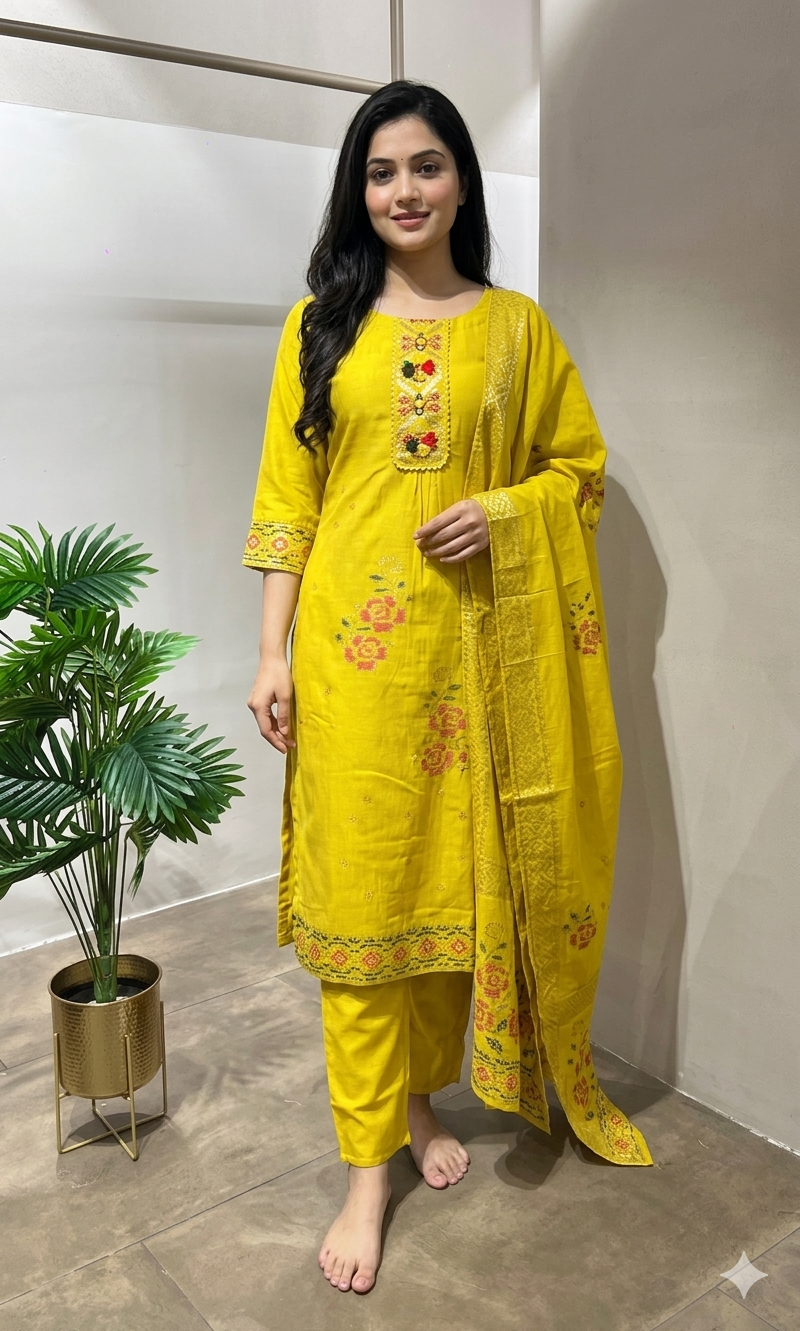 MUSTARD FLORAL EMBROIDERED KURTA SET