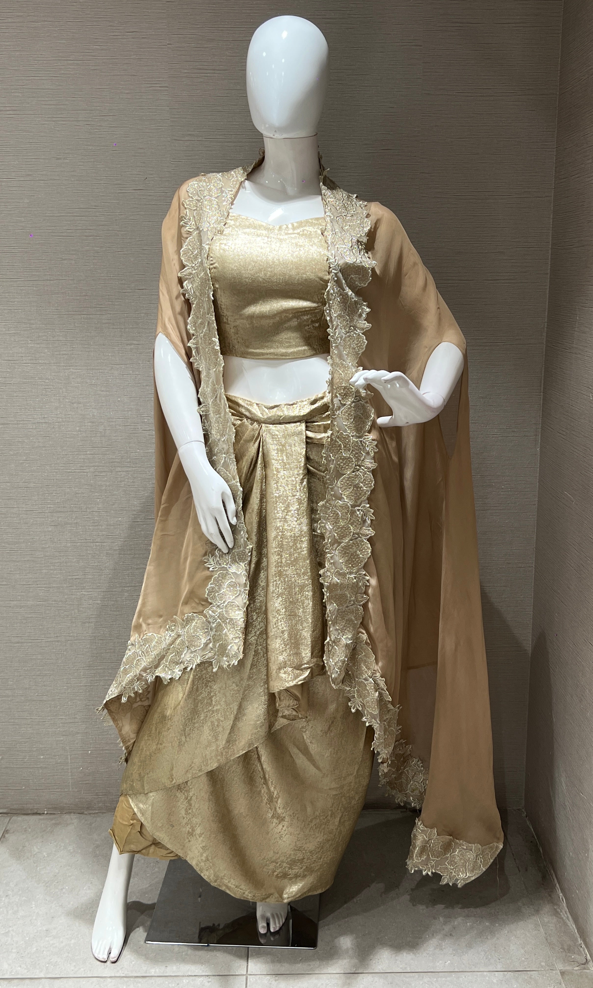 BEIGE RUFFLE DRAPE 3 PIECE INDO WESTERN DRESS
