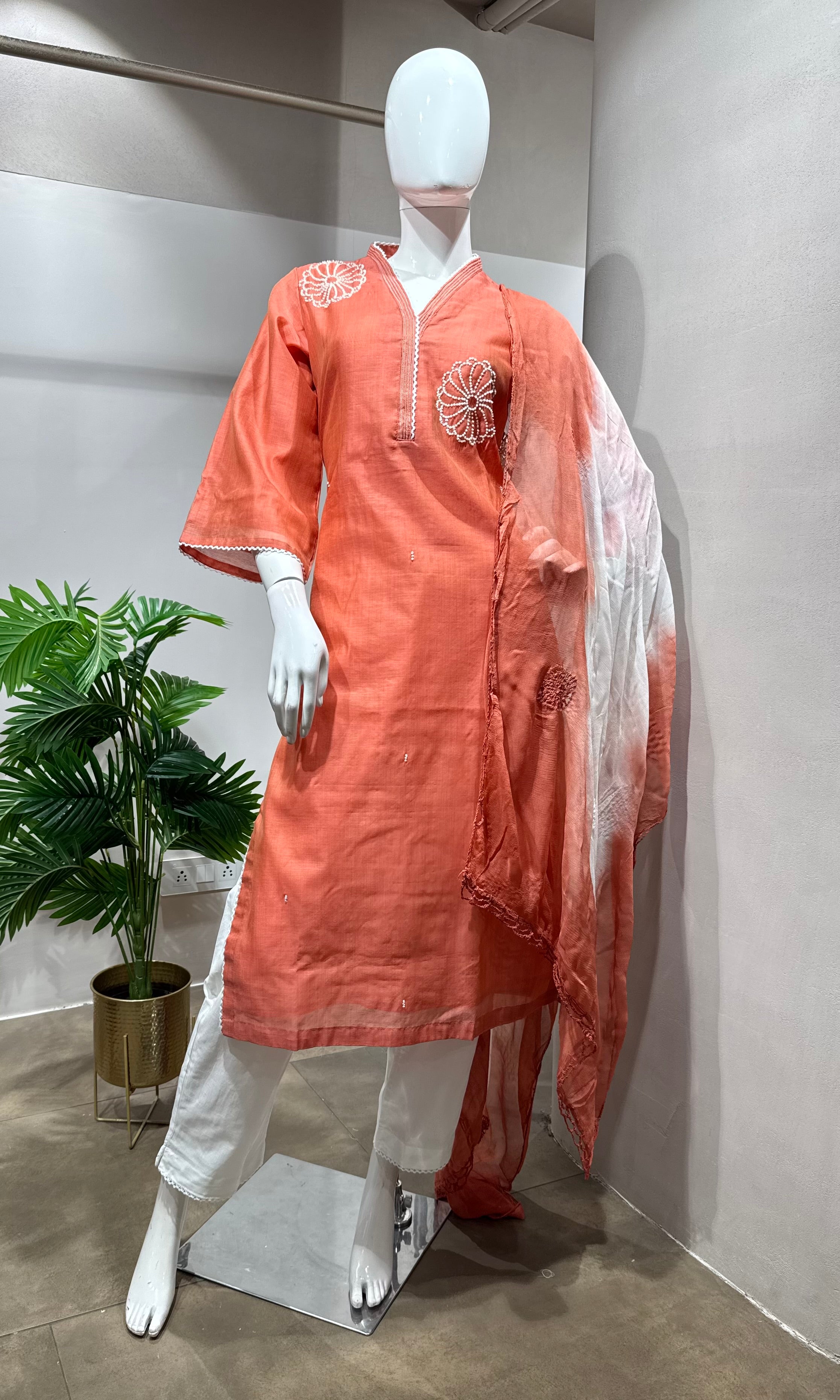 Peach Embroidered Straight Kurta set