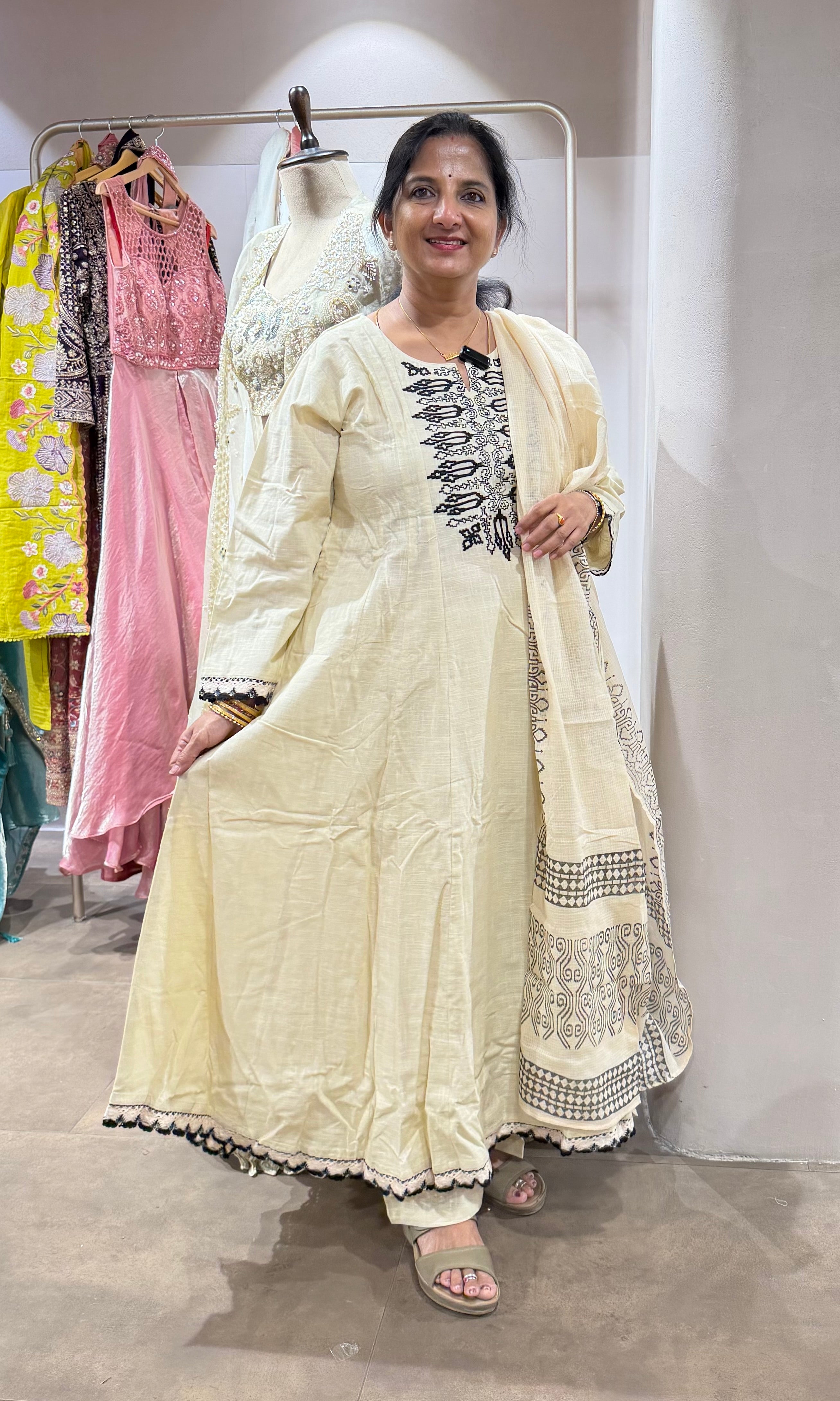 Half White Mul Cotton Anarkali Suit Embroidery