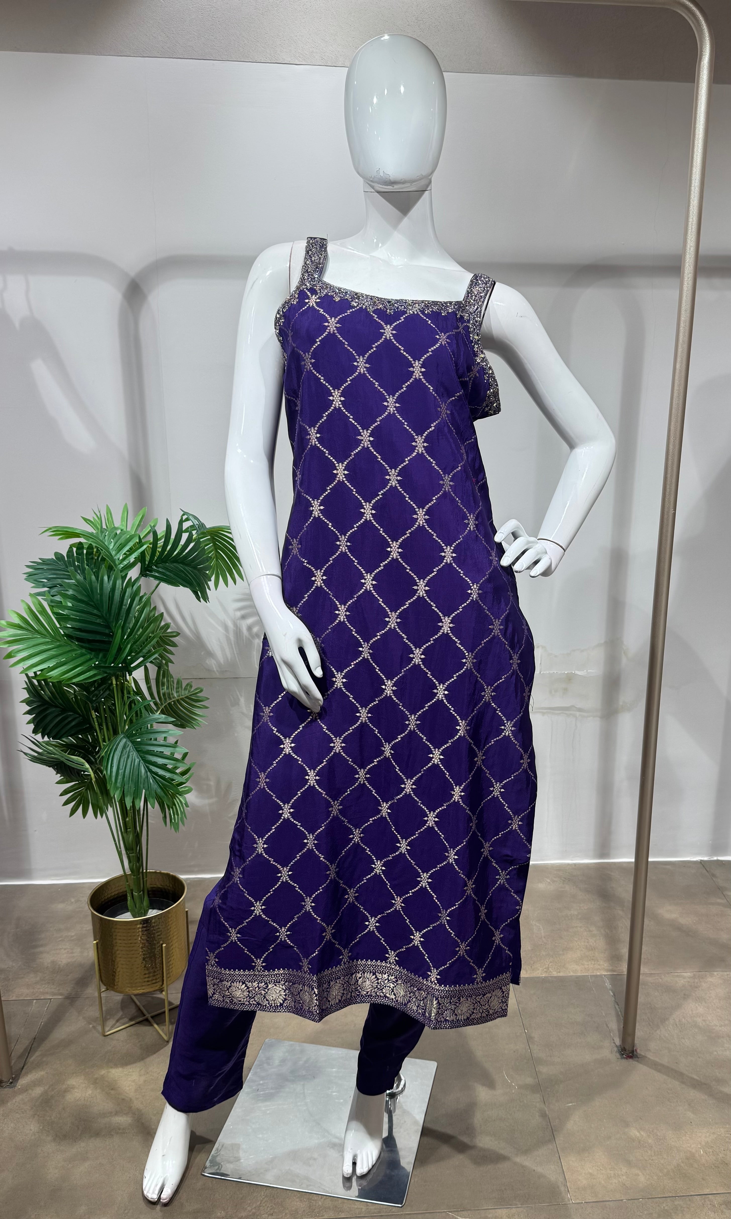 Purple silk straight kurta set