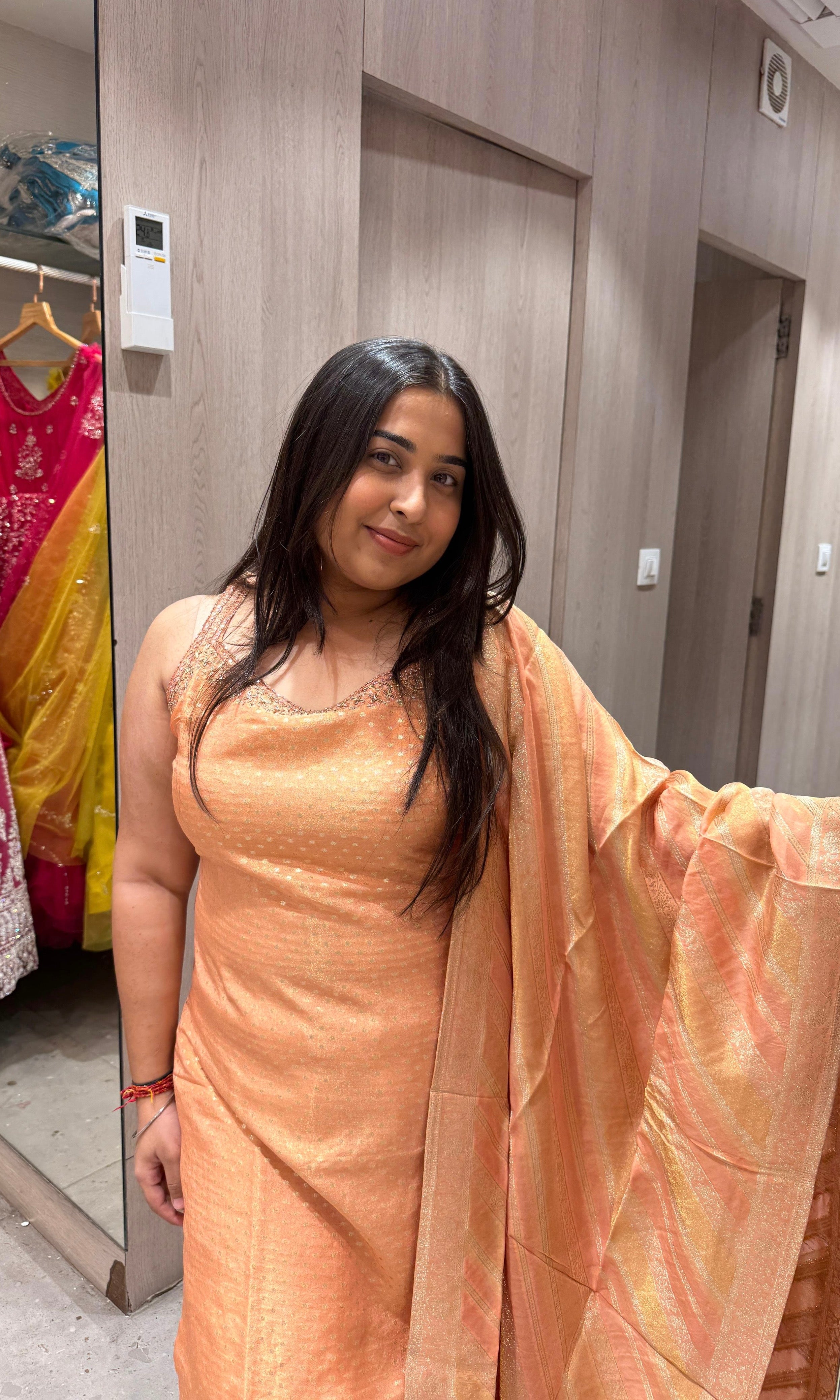 peach and gold Banarasi kurta set