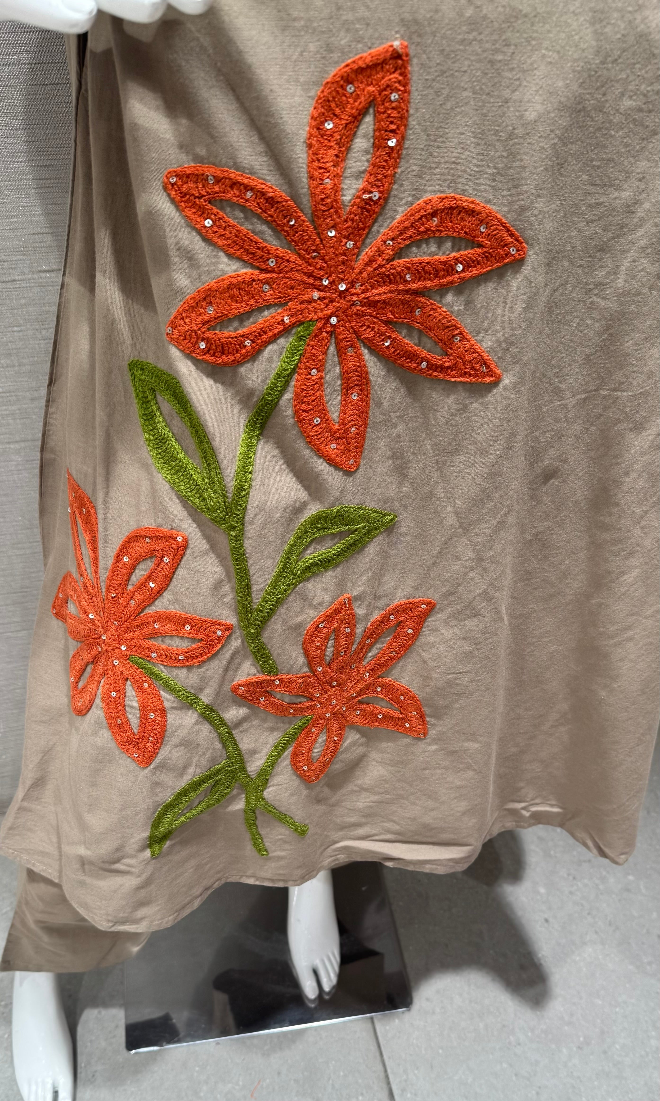 Brown Kurta Set with orange floral embroidery