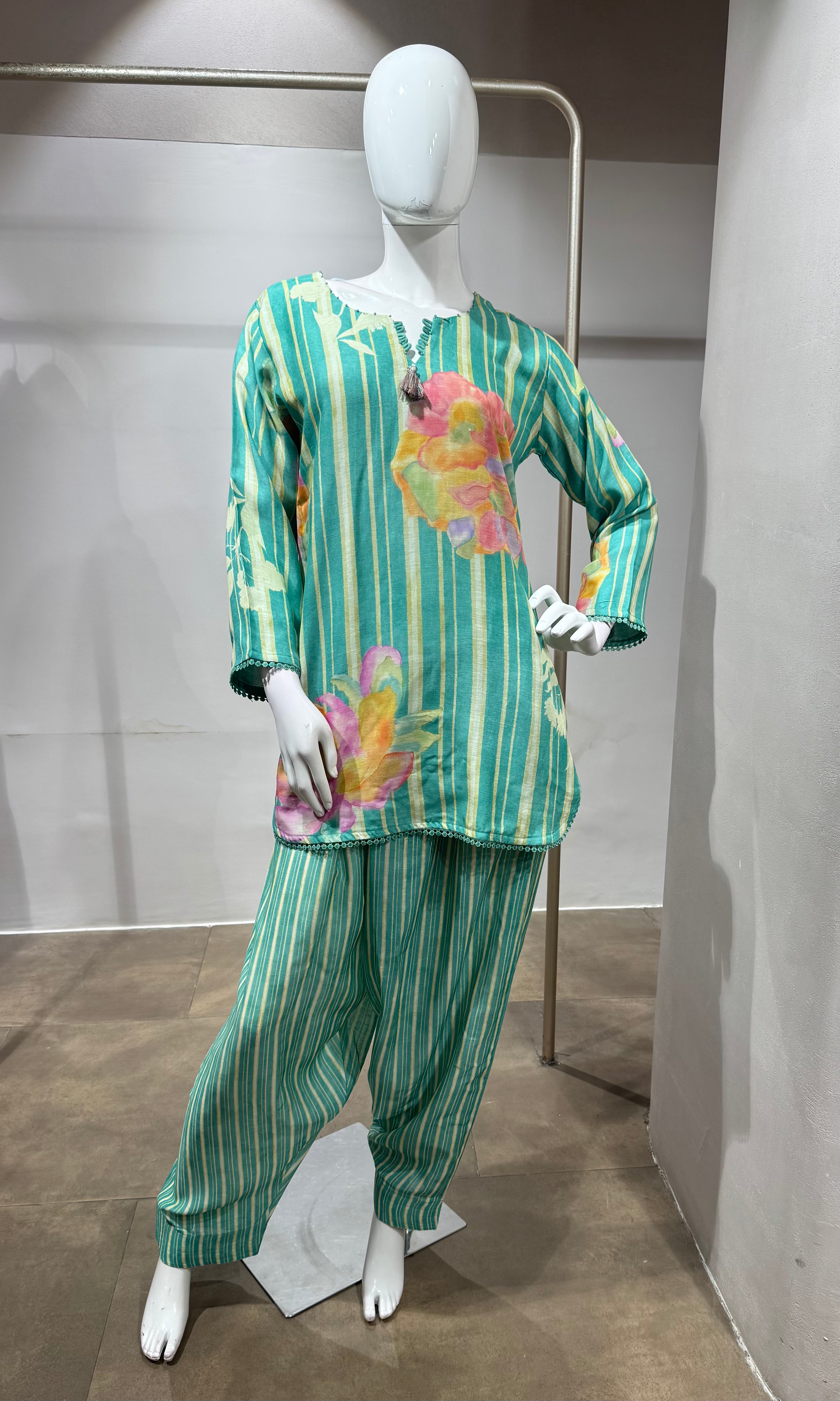 Aqua Green Floral Printed Farsi salwar