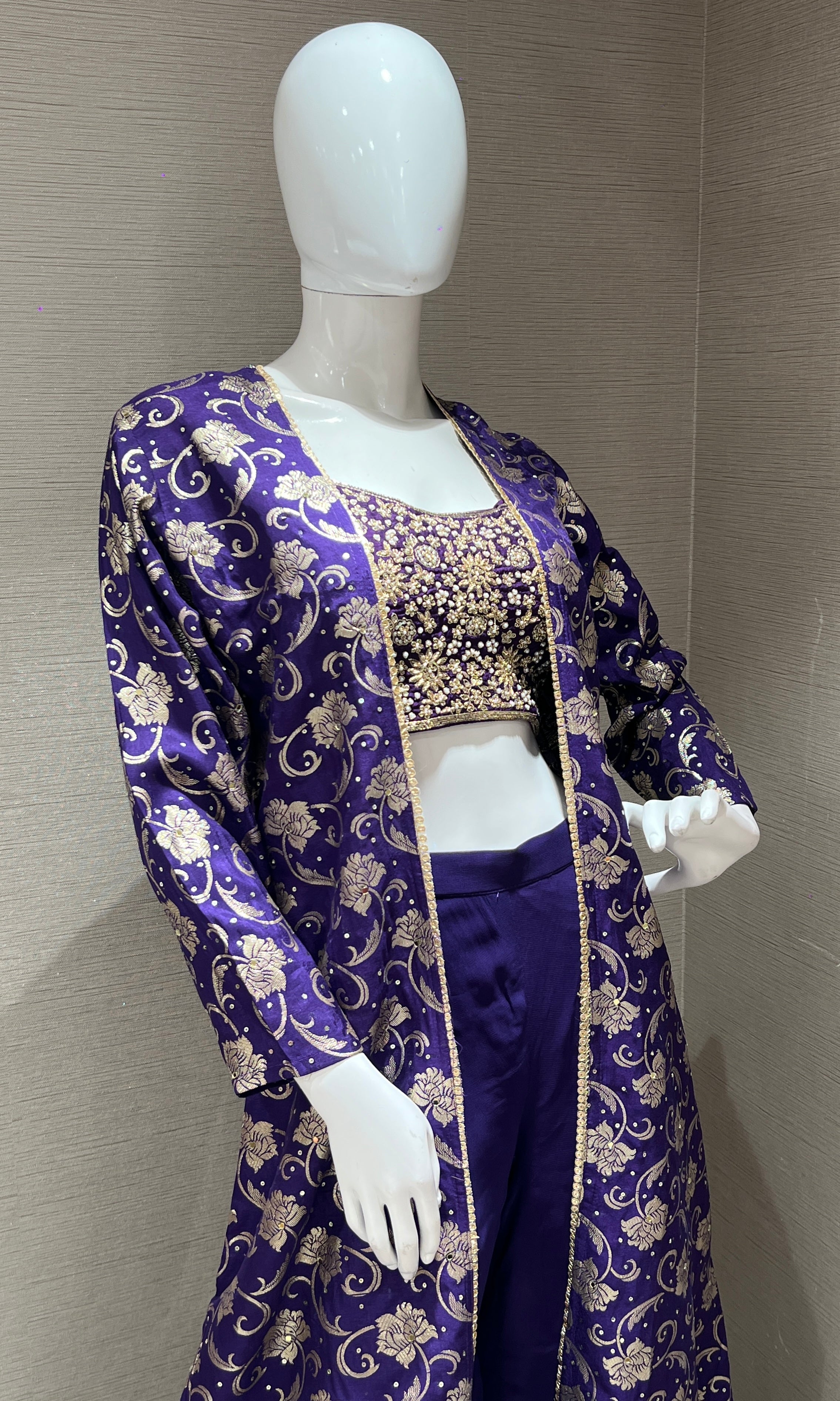 Purple Embroidered Palazzo with long jacket