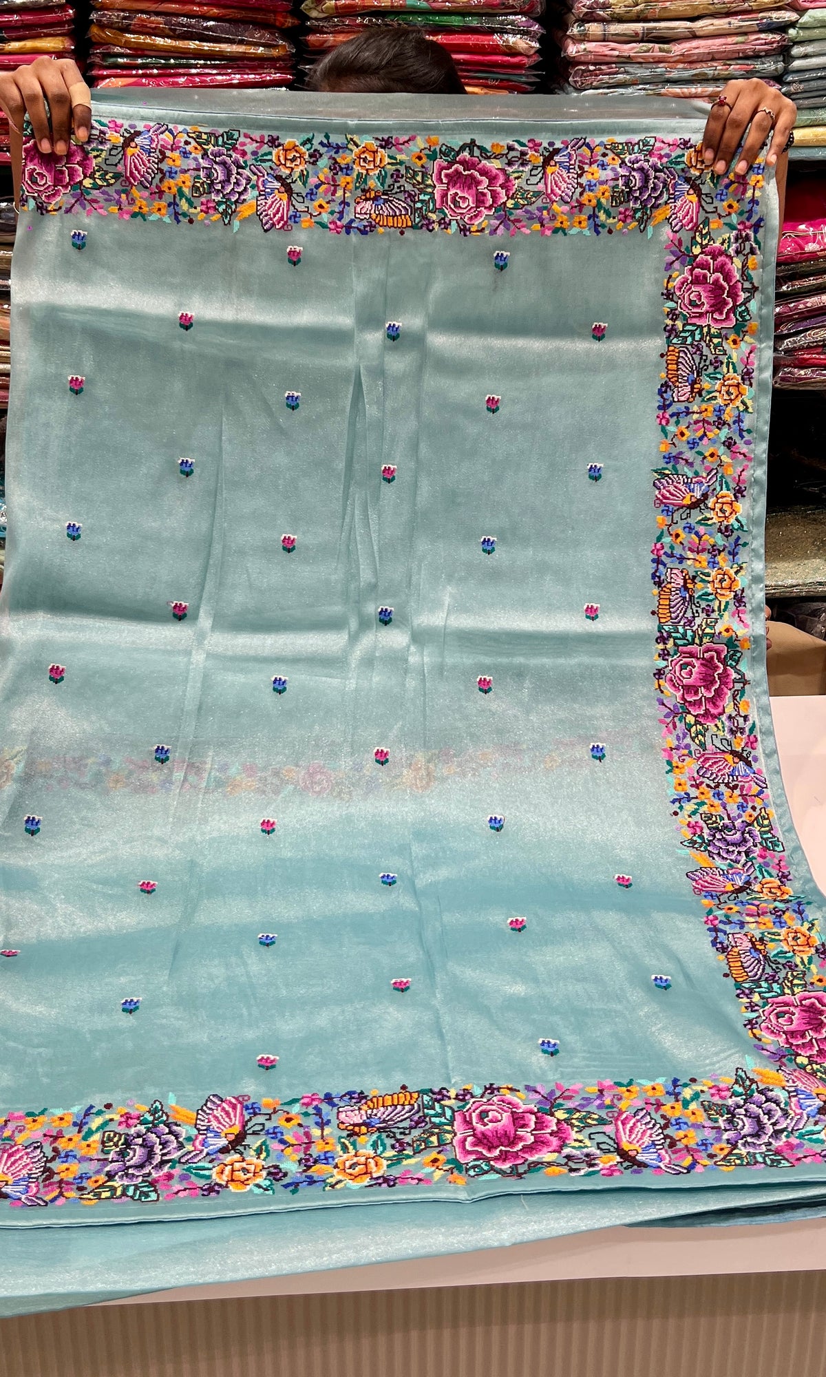 Sea blue Floral Embroidered saree