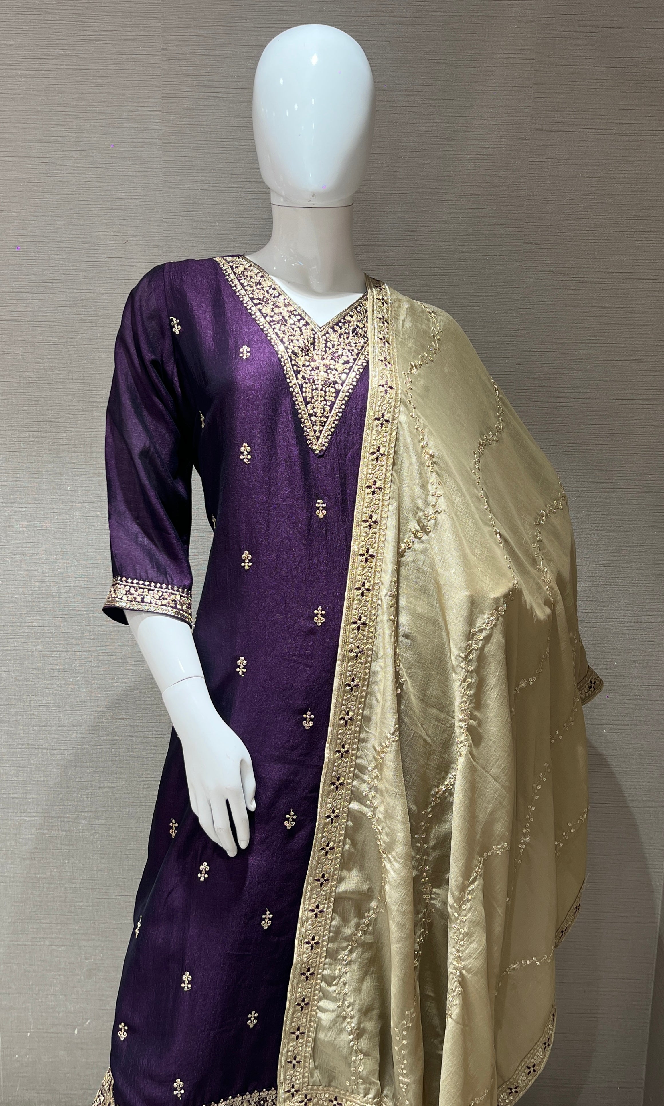 purple kurta set with contrast gold duppatta