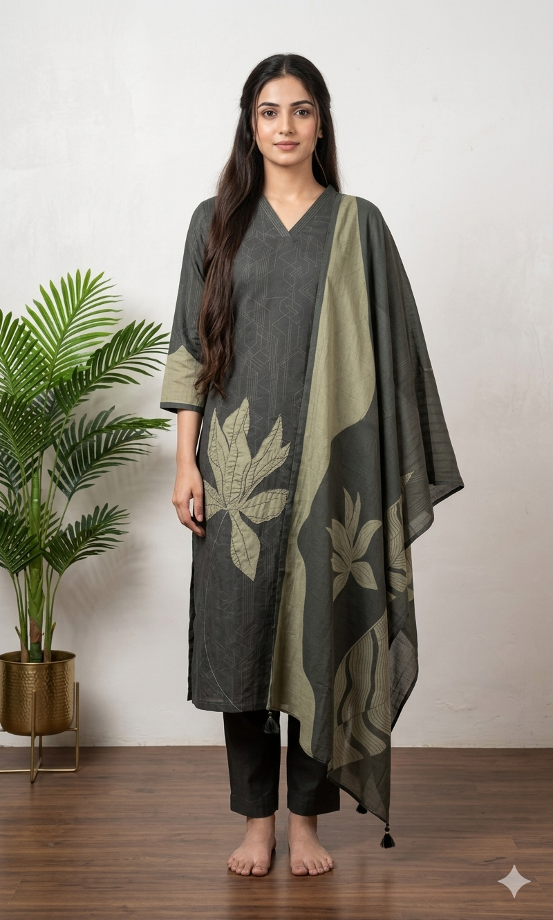 Green V-Neck Floral Embroidered kurta set