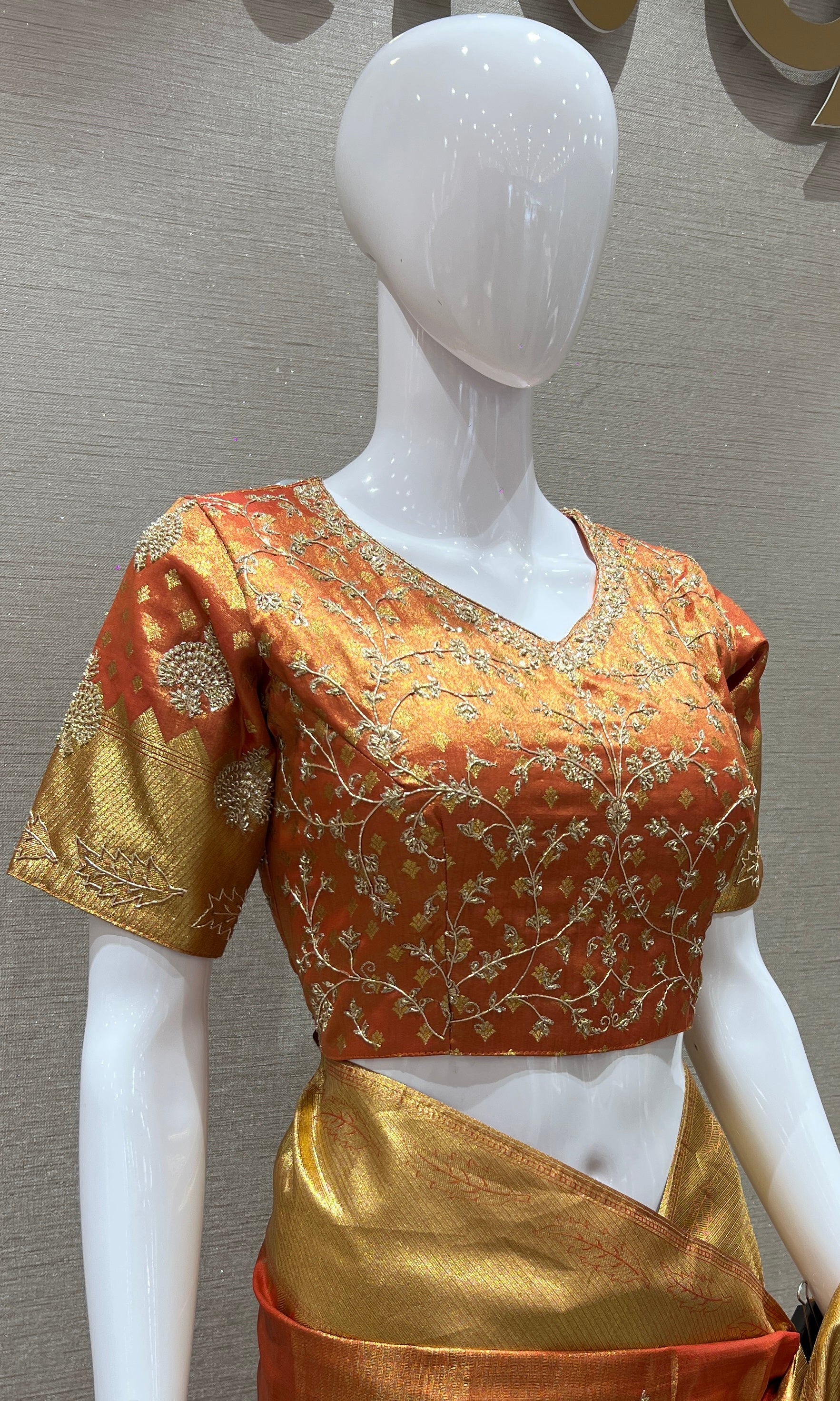 Orange and gold saree with ready blouse
