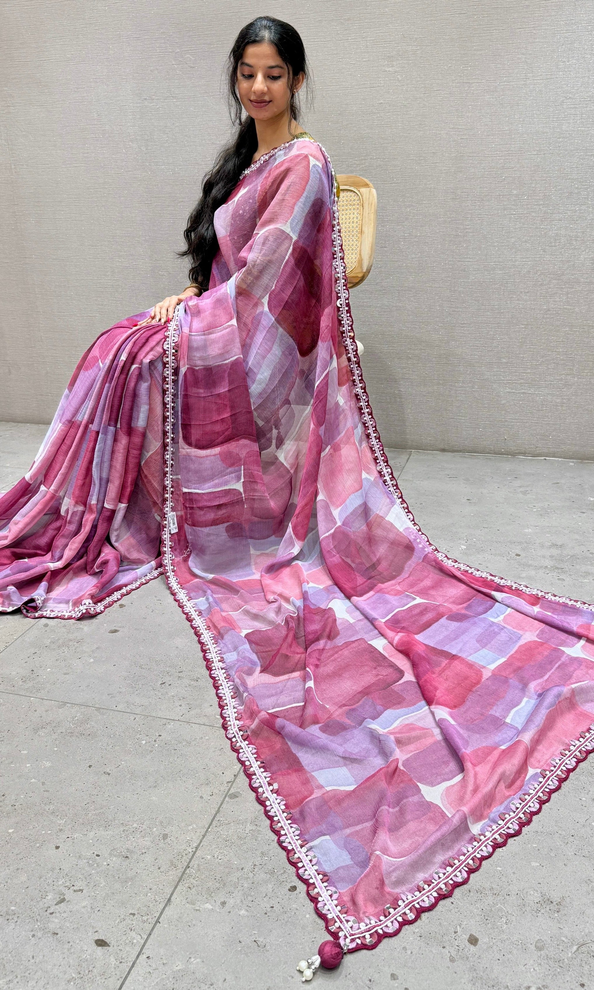Purple Wine printed crushed Georgette saree with ready blouse