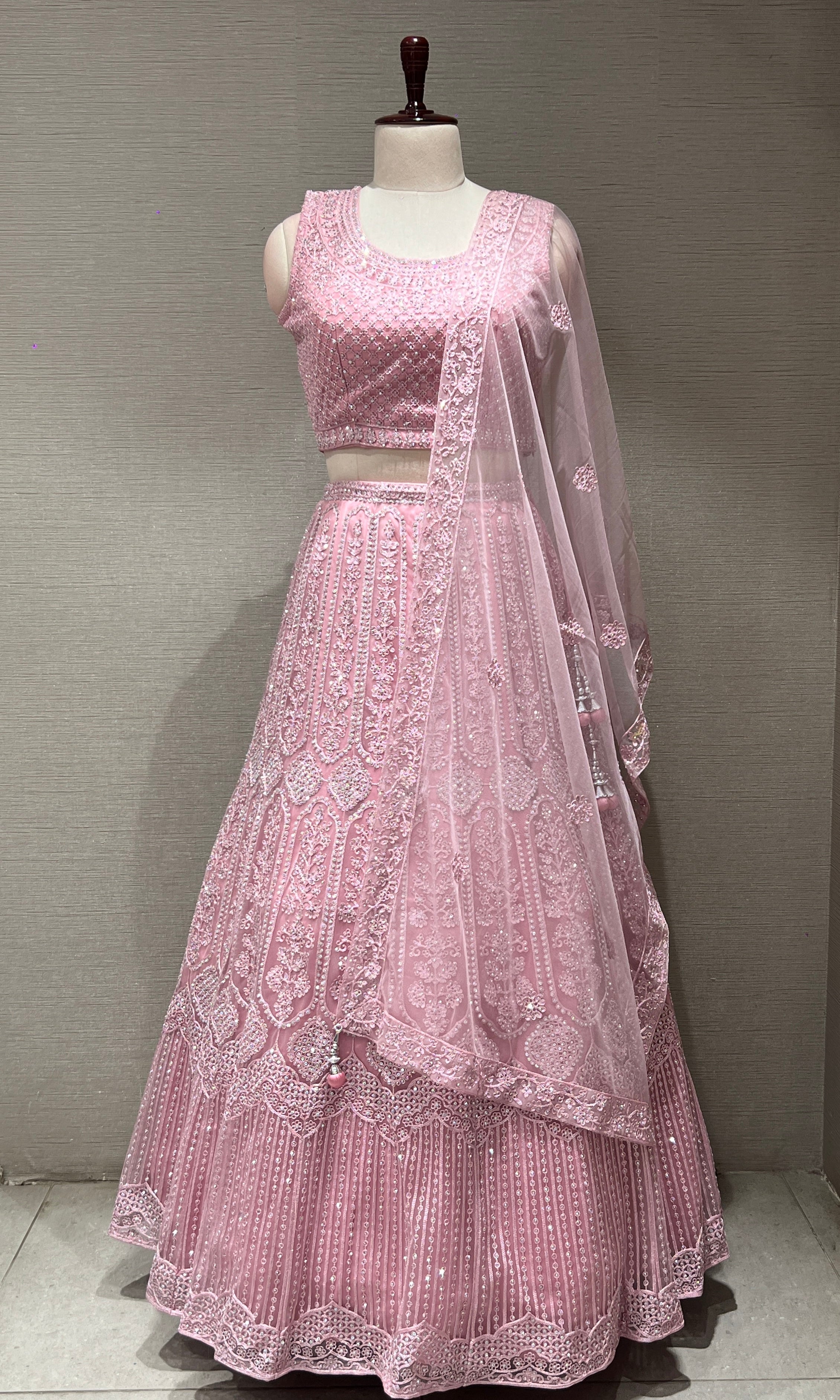 blush pink net intricate embroidered Lehenga