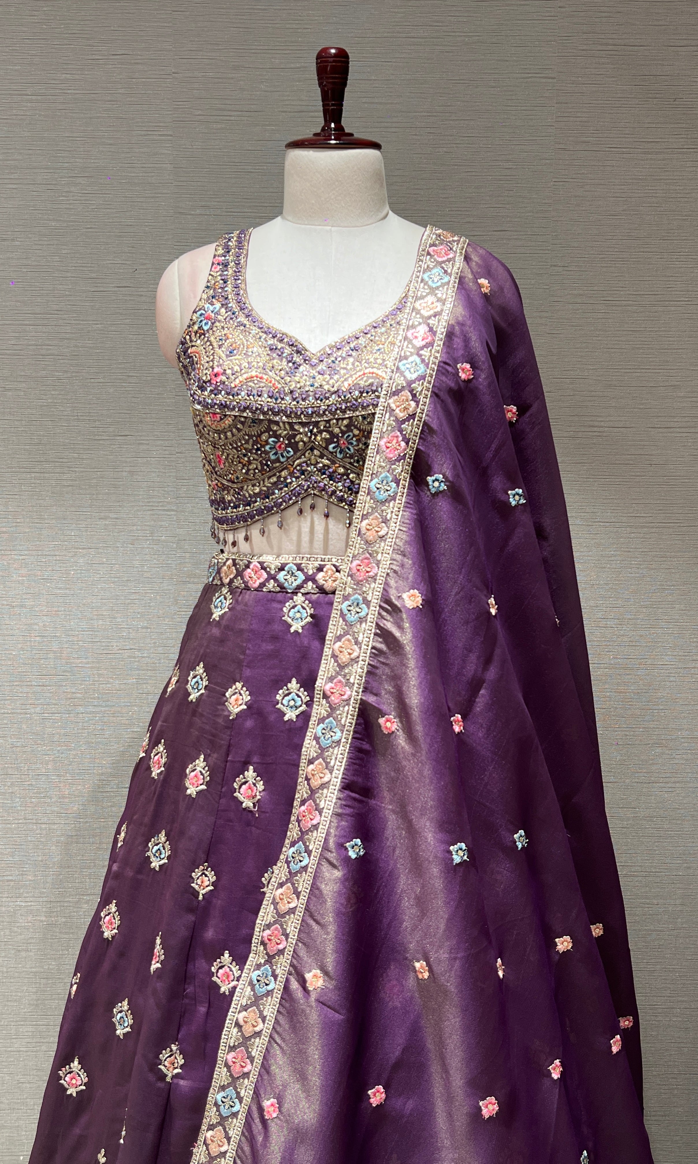 Lilac multicolour intricate embroidered Lehenga