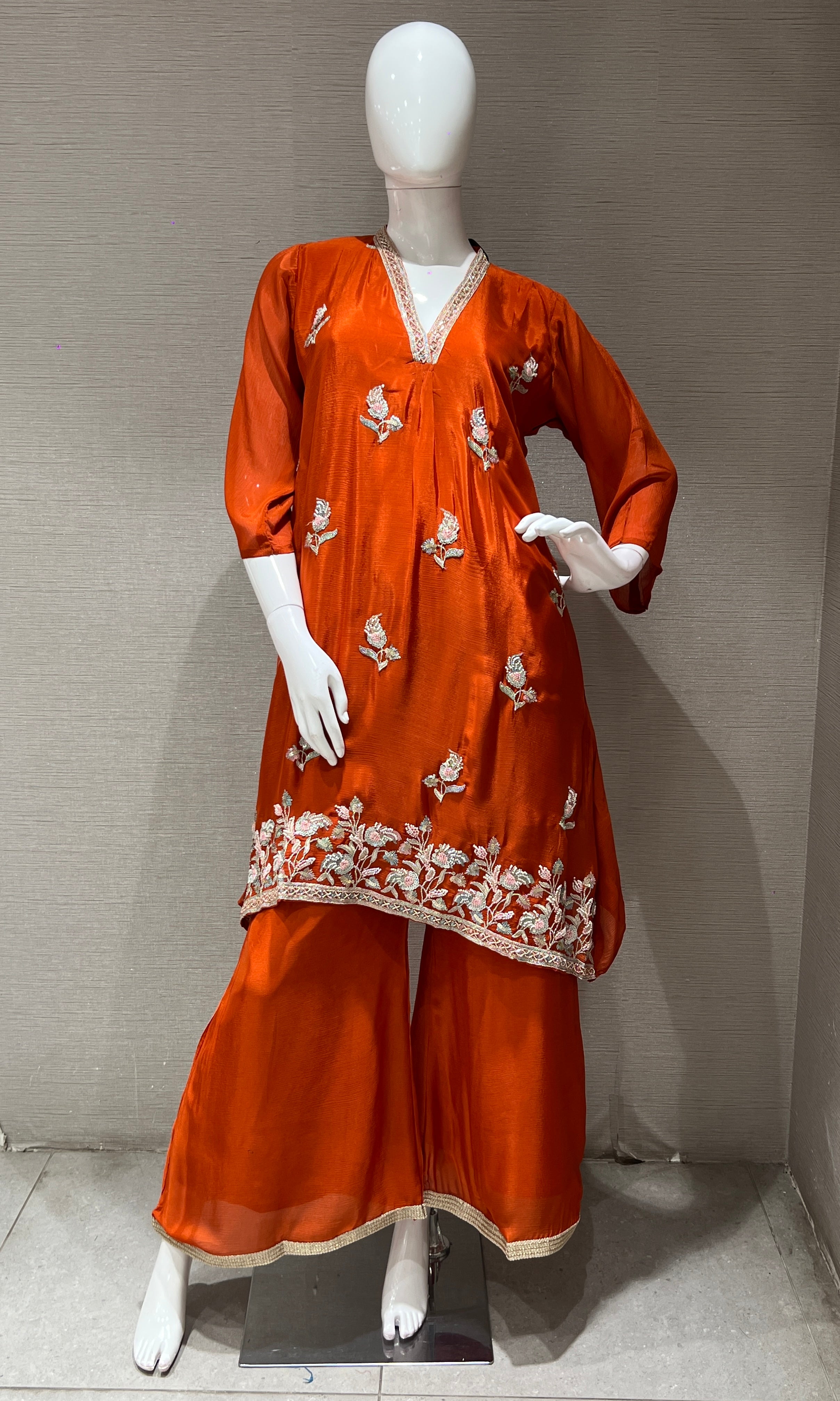 Rust Embroidered Kurta Sharara palazzo set
