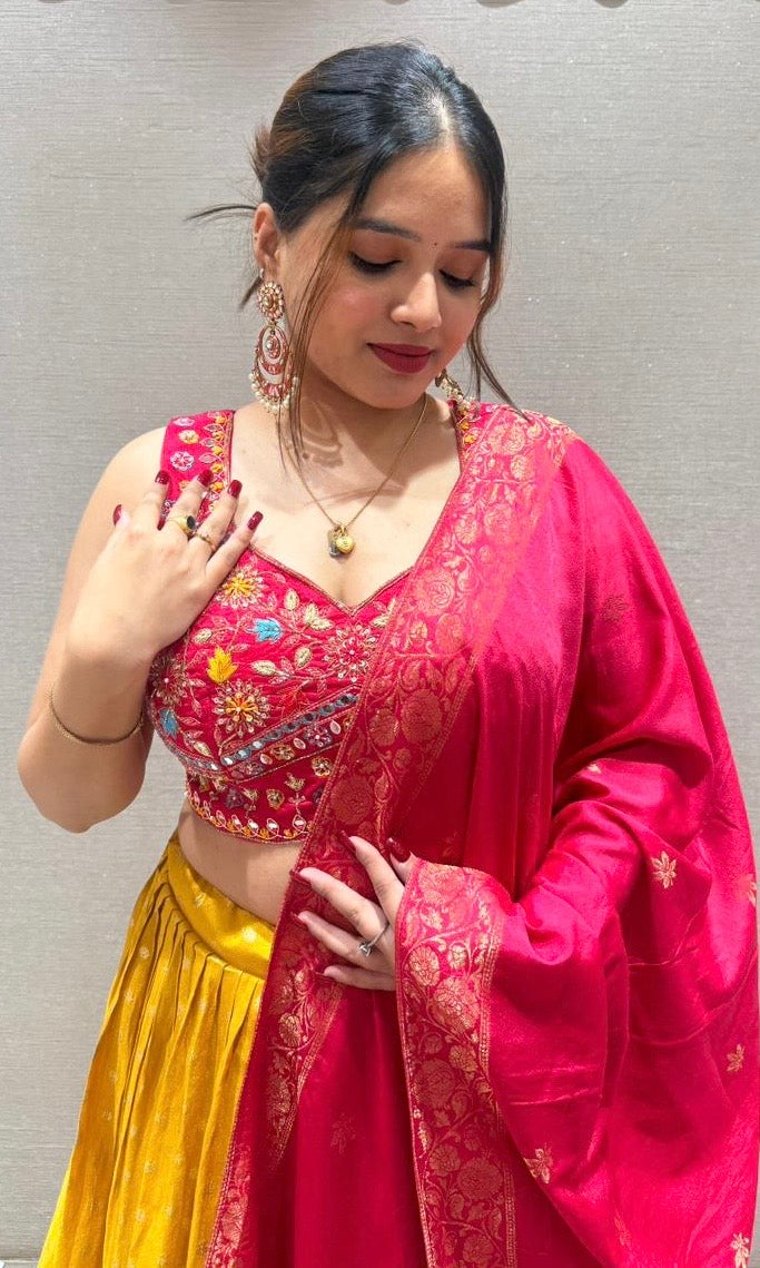 sunshine yellow and rani pink lehenga