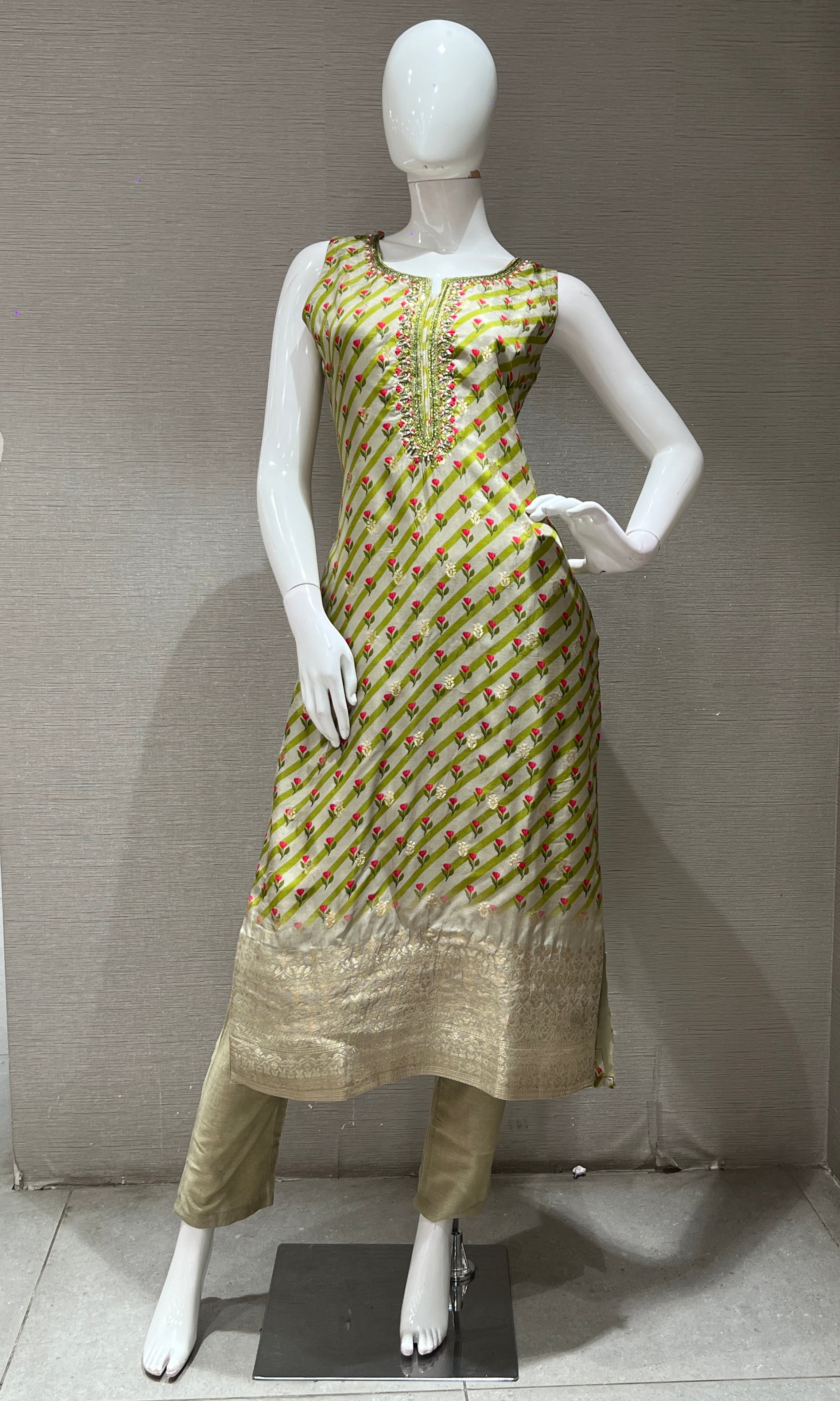 Green kurta set with floral dupatta