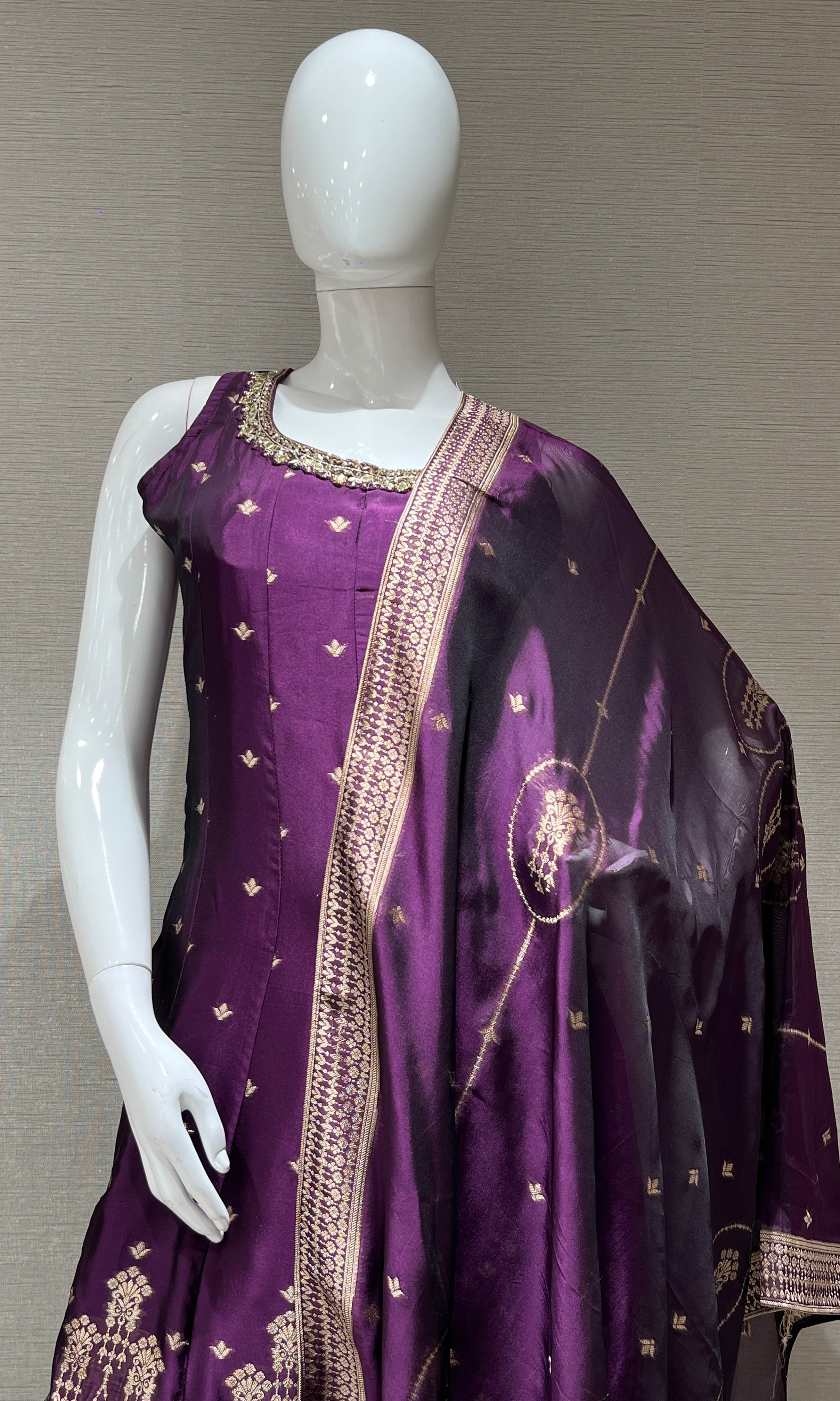 purple Anarkali with gold embroidery