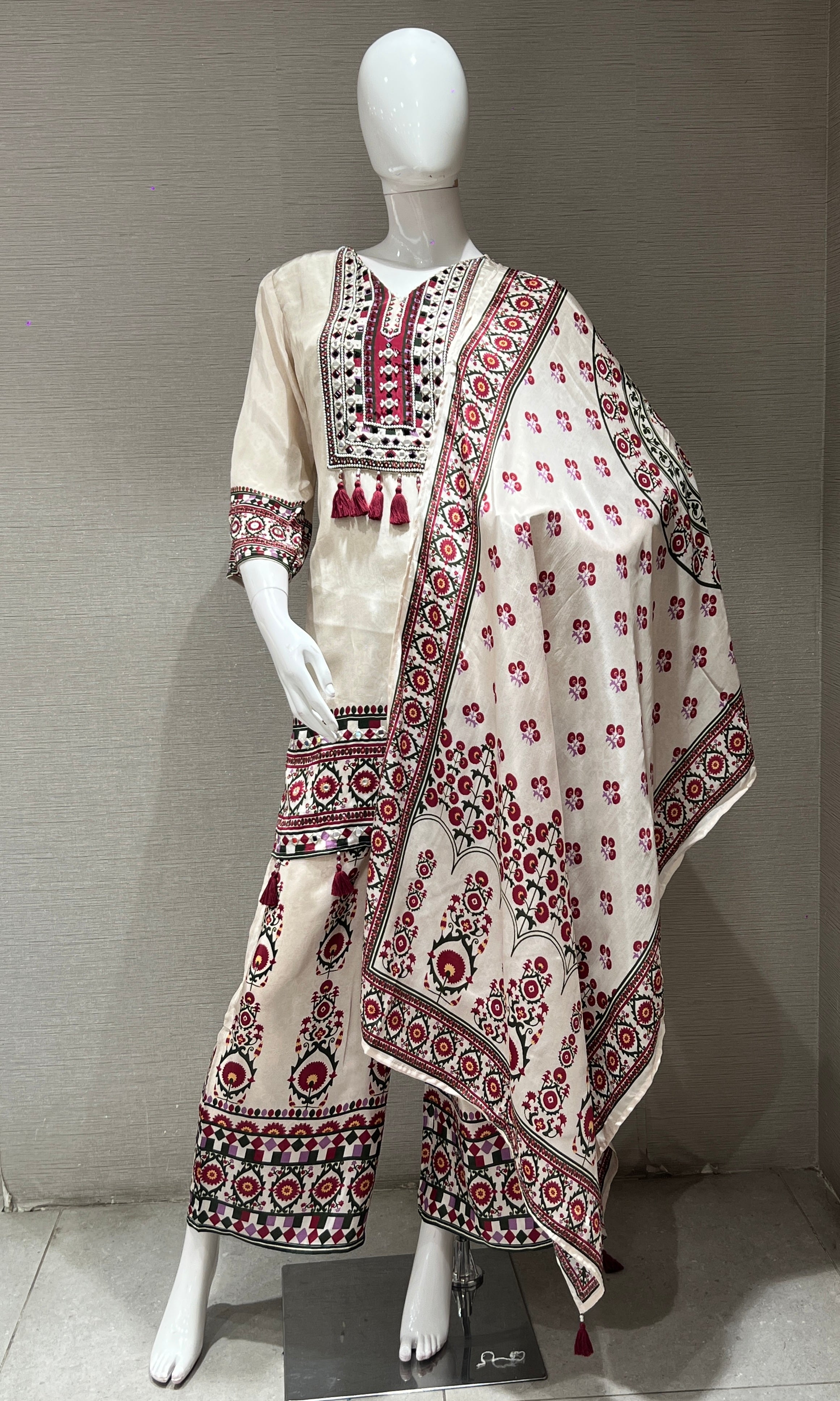 white and maroon printed kurta set with palazzo pants