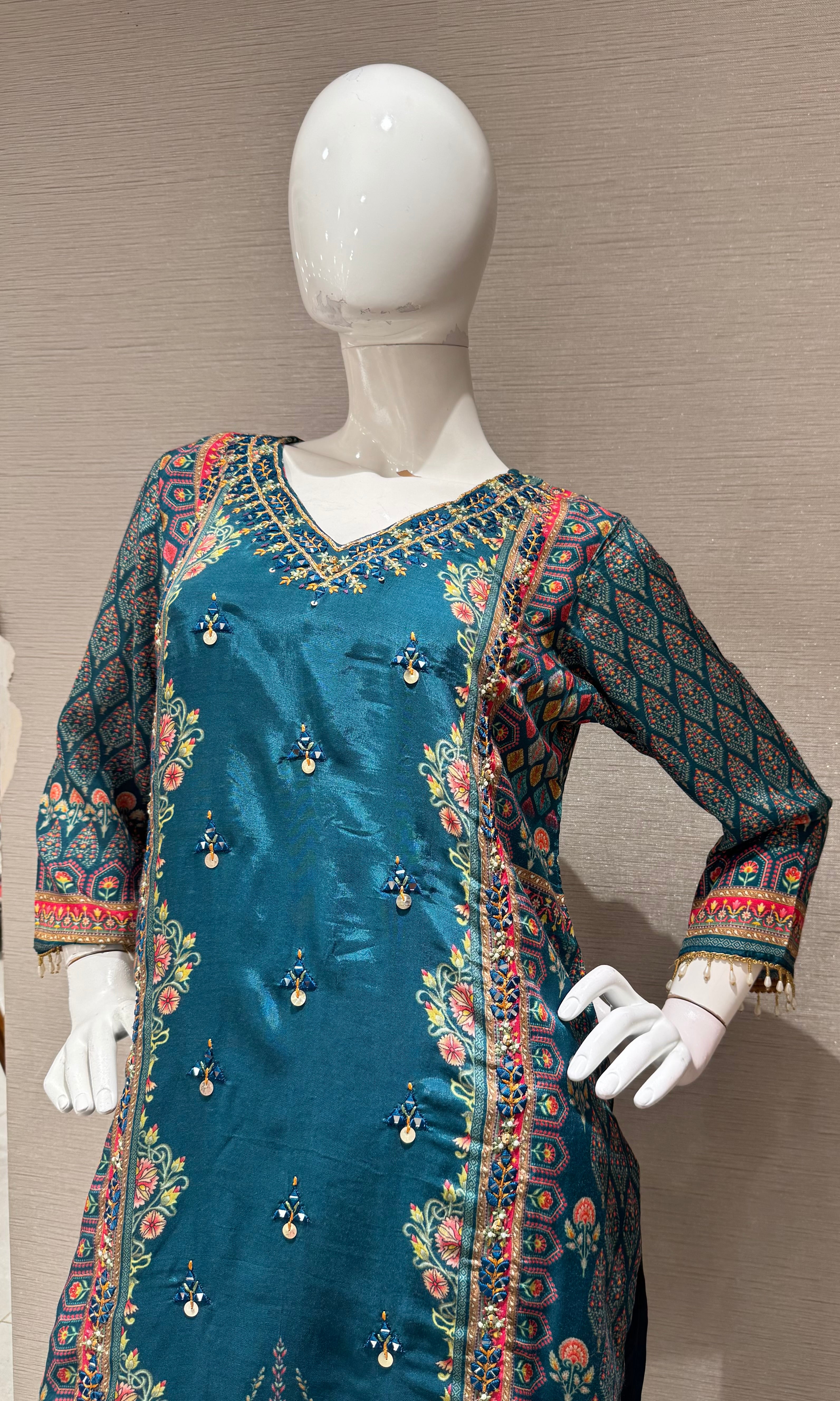 Sea green Embroidered Salwar Suit with Floral Dupatta