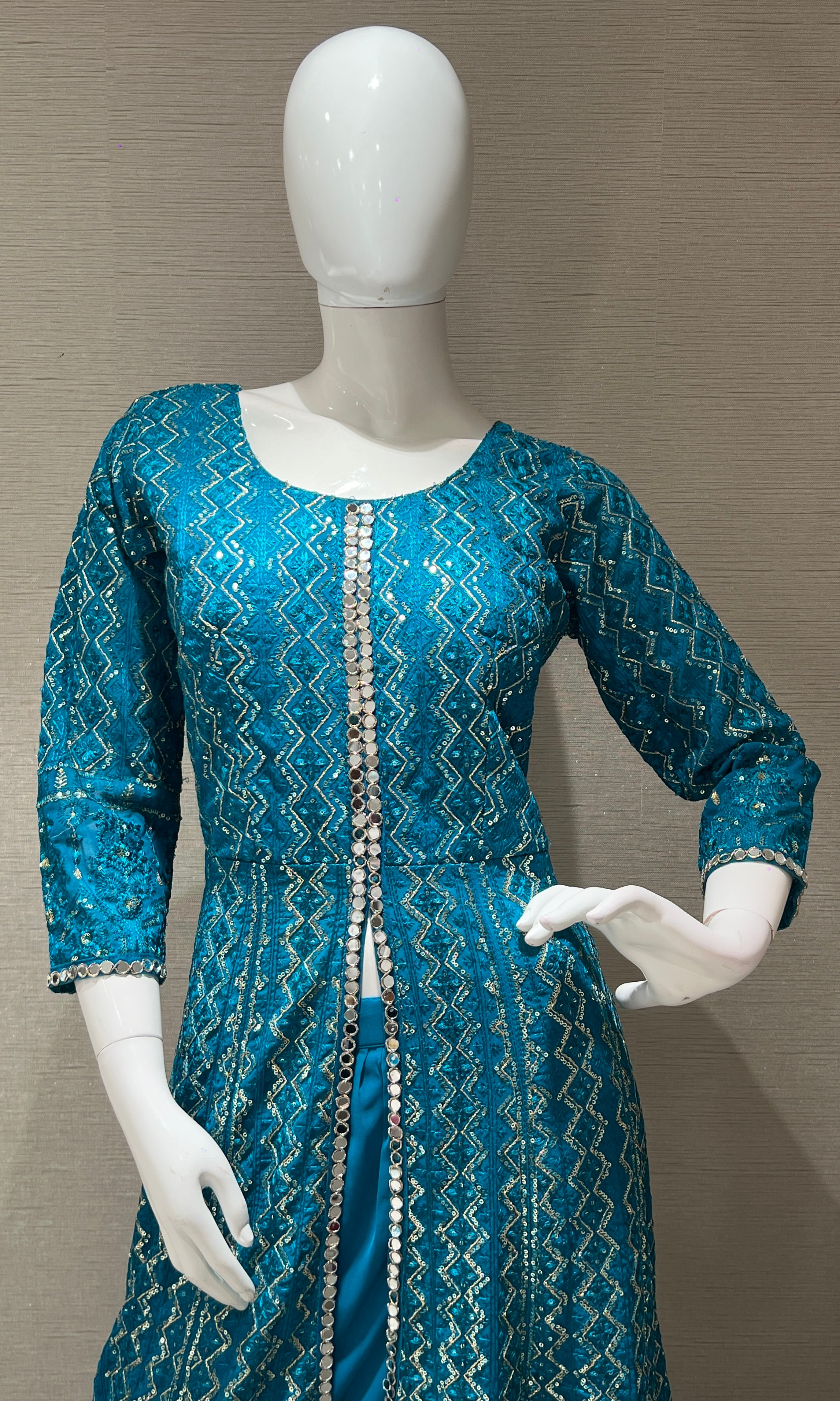 Rama blue front slit Anarkali with palazzo pants