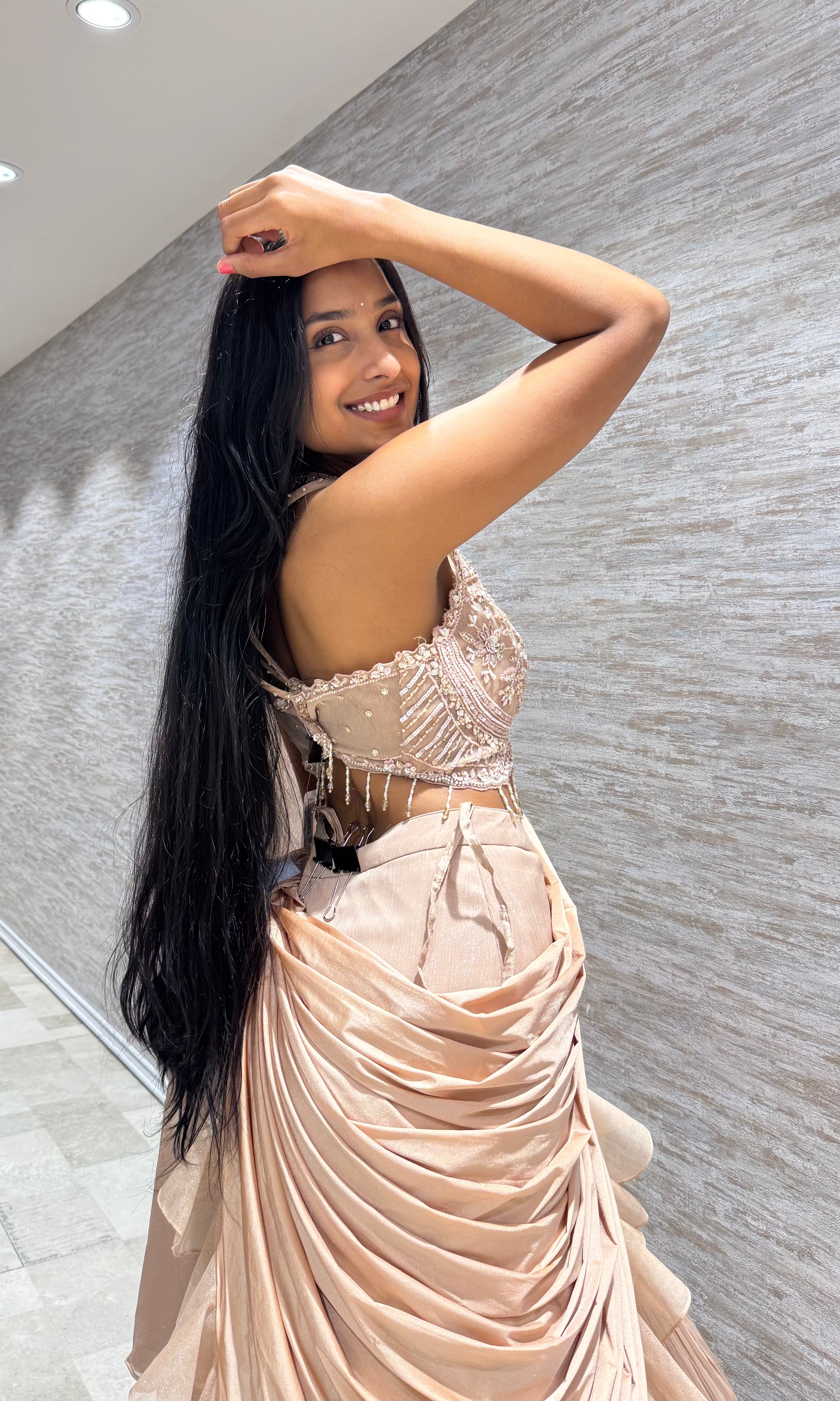 GOLD RUFFLE LEHENGA WITH HALTER NECK BLOUSE