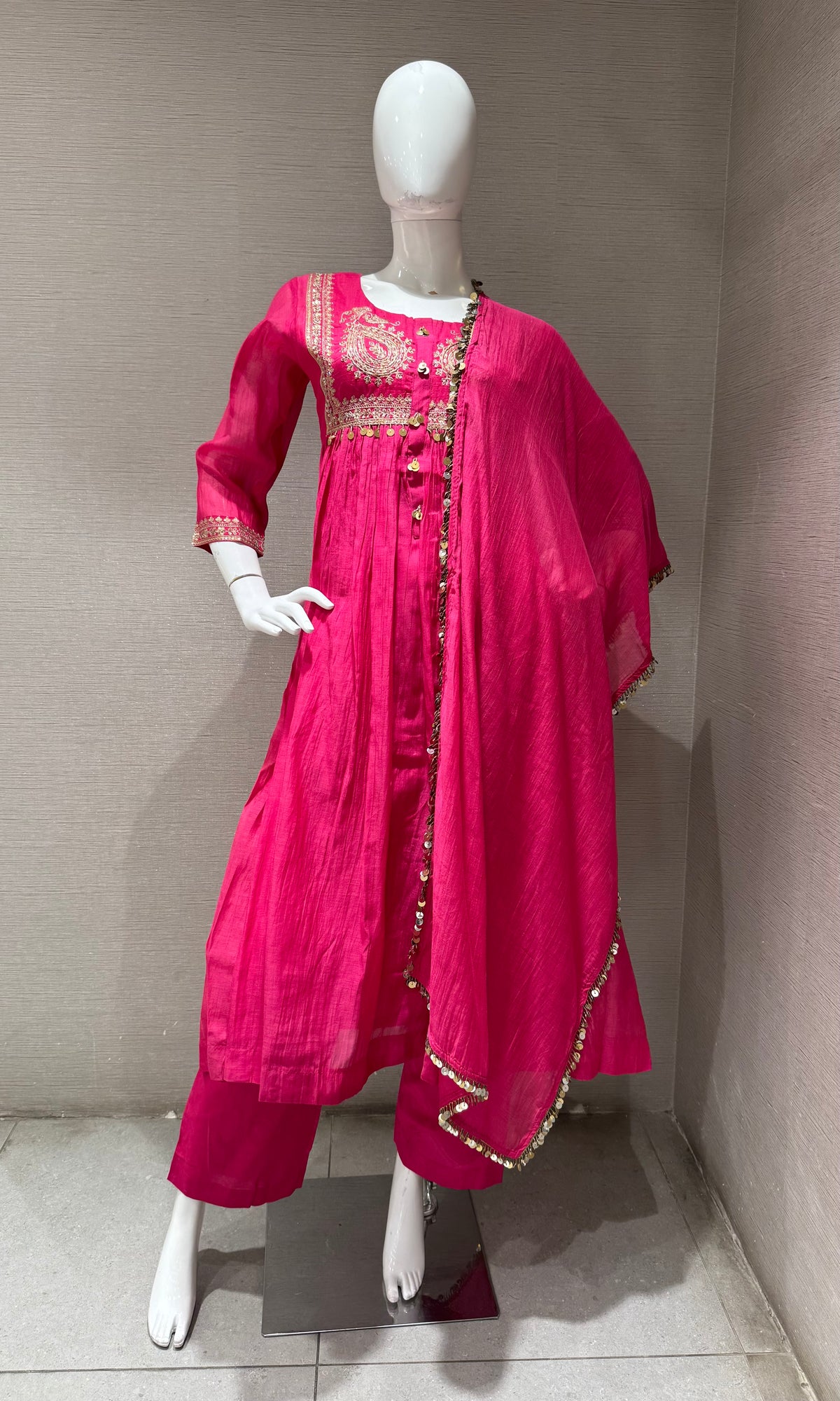 PINK COTTON ETHNIC A LINE KURTA SET WITH DUPATTA