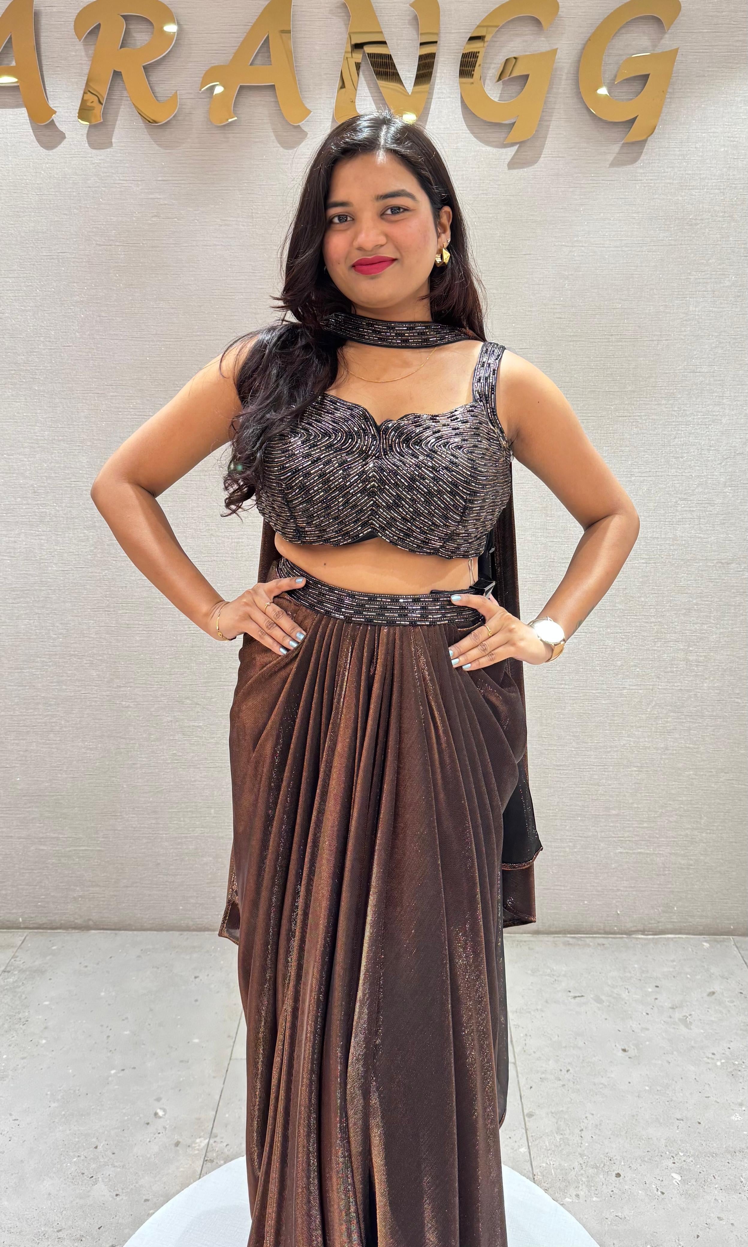 Brown SHIMMERING DRAPE SKIRT WITH BLOUSE