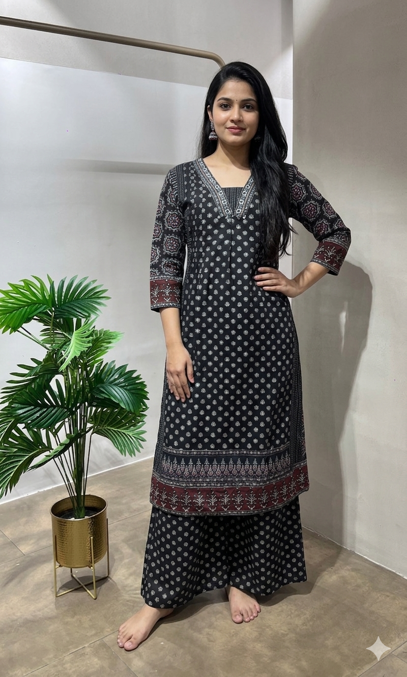 BLACK ETHNIC KURTA SET WITH PALAZZO PANTS