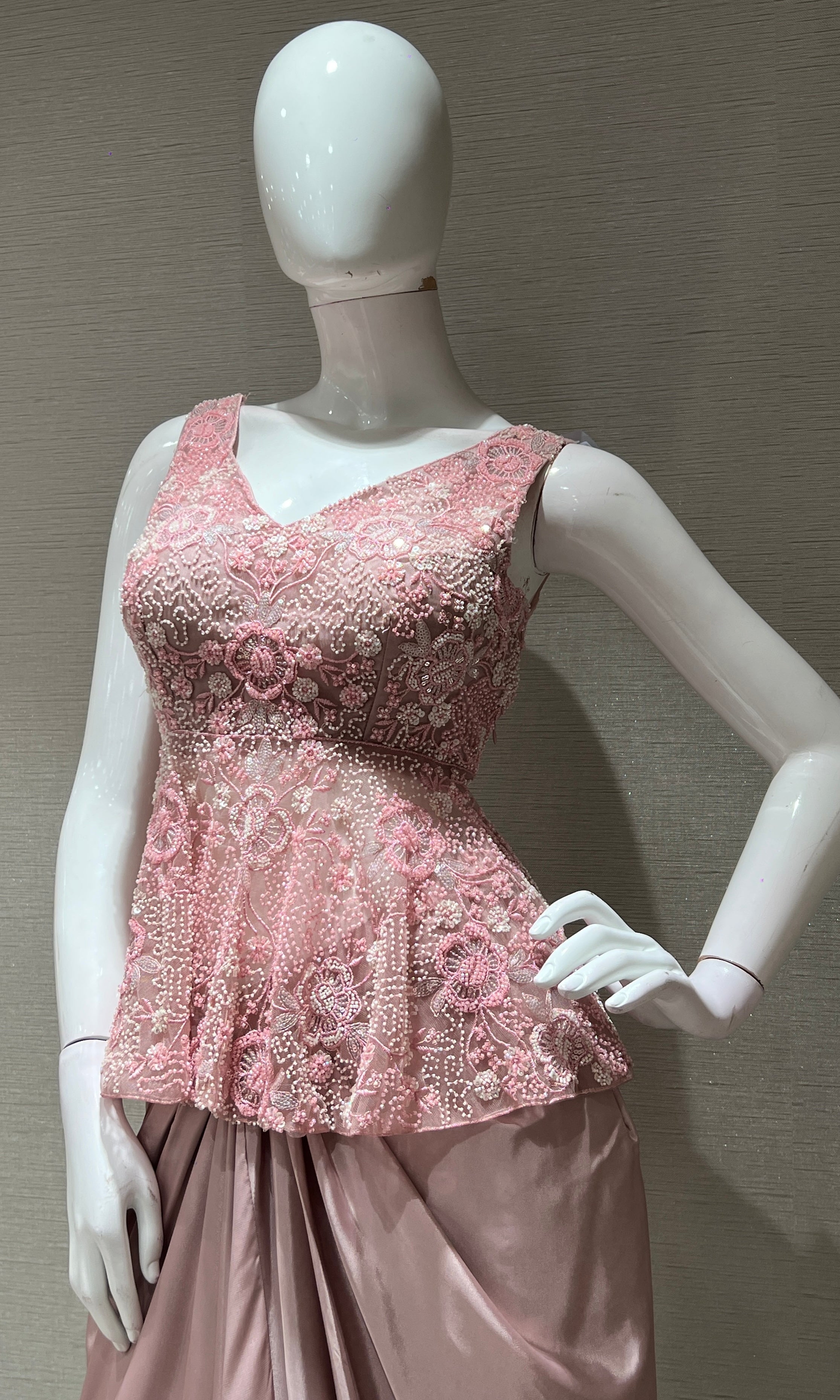 Baby pink EMBROIDERED PEPLUM BLOUSE WITH SKIRT