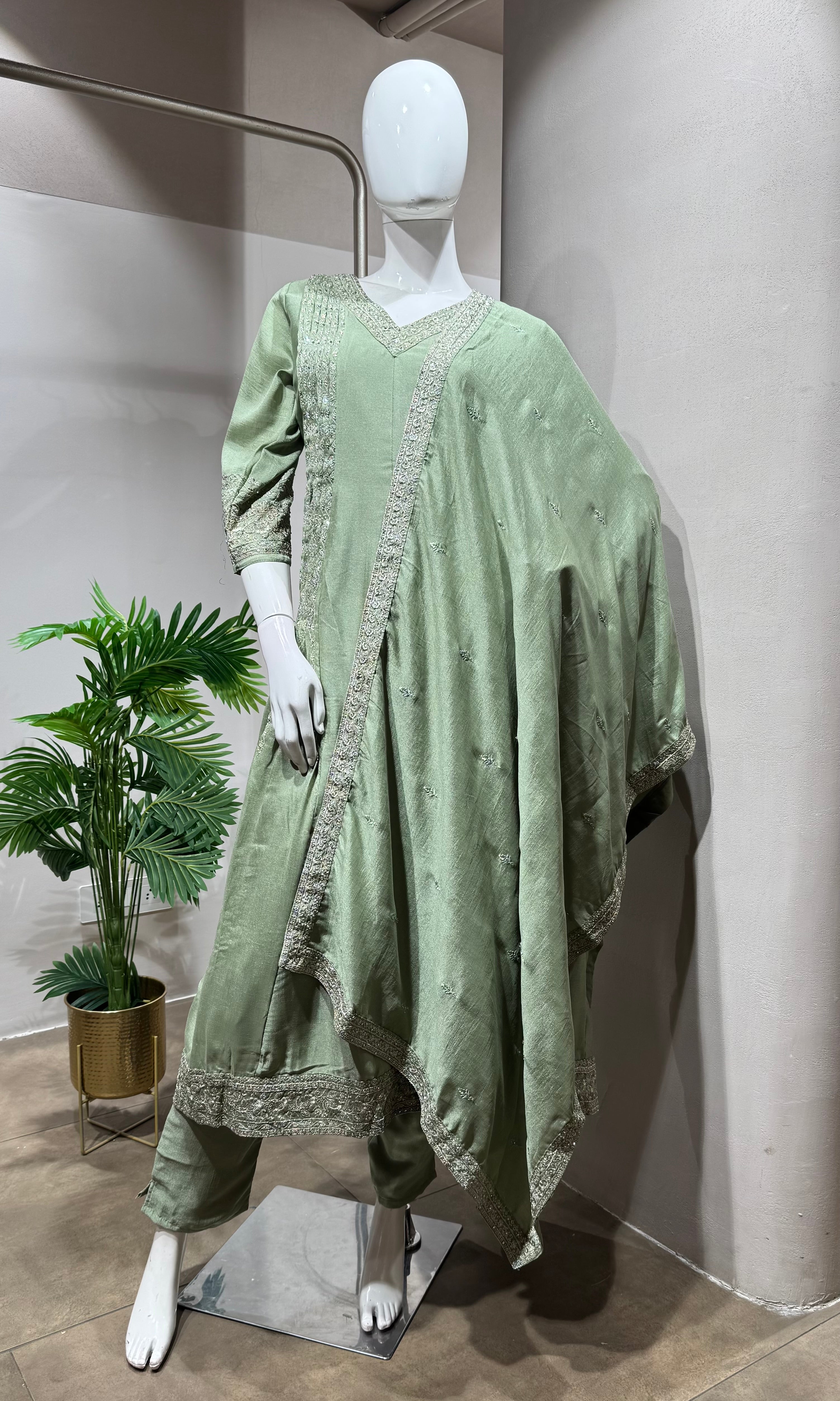 Pista Green Silk Blend Anarkali Ensemble