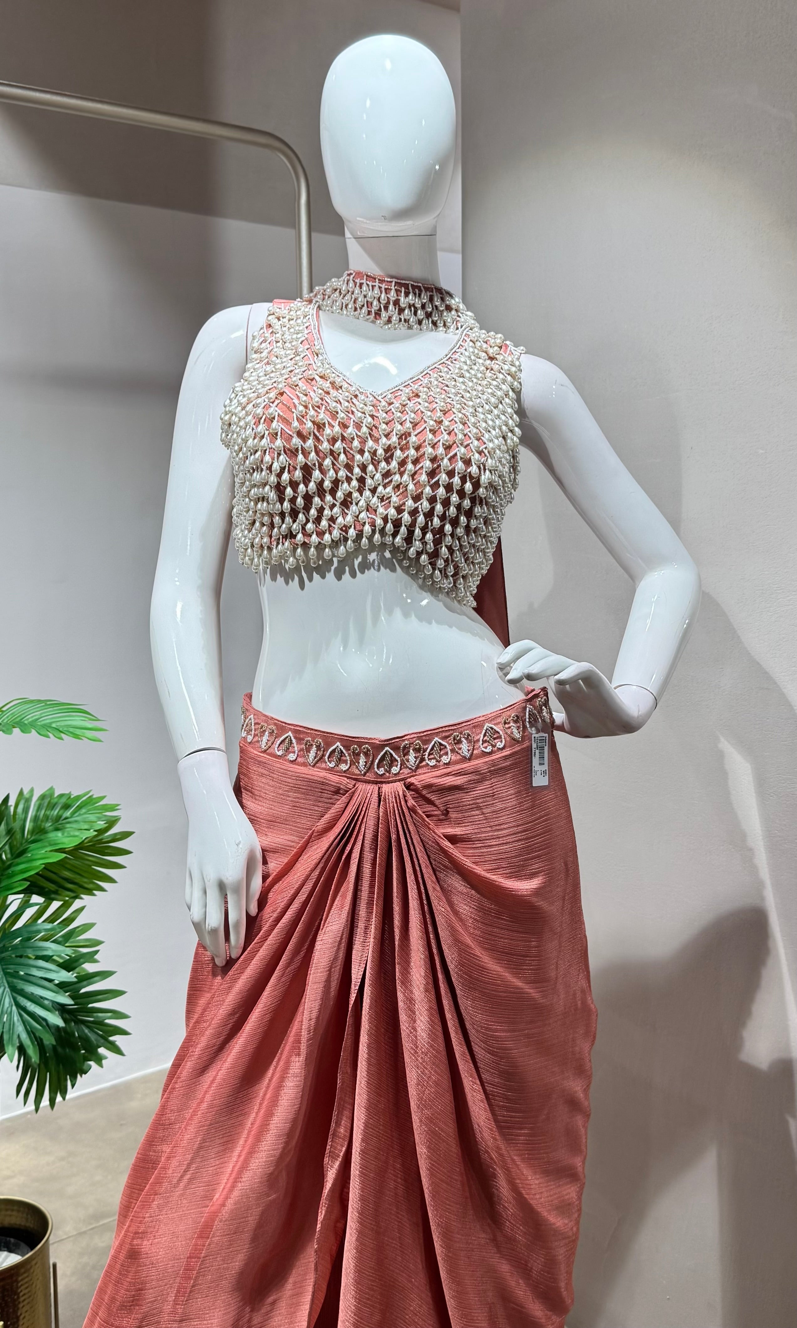 Onion pink designer blouse with drape skirt