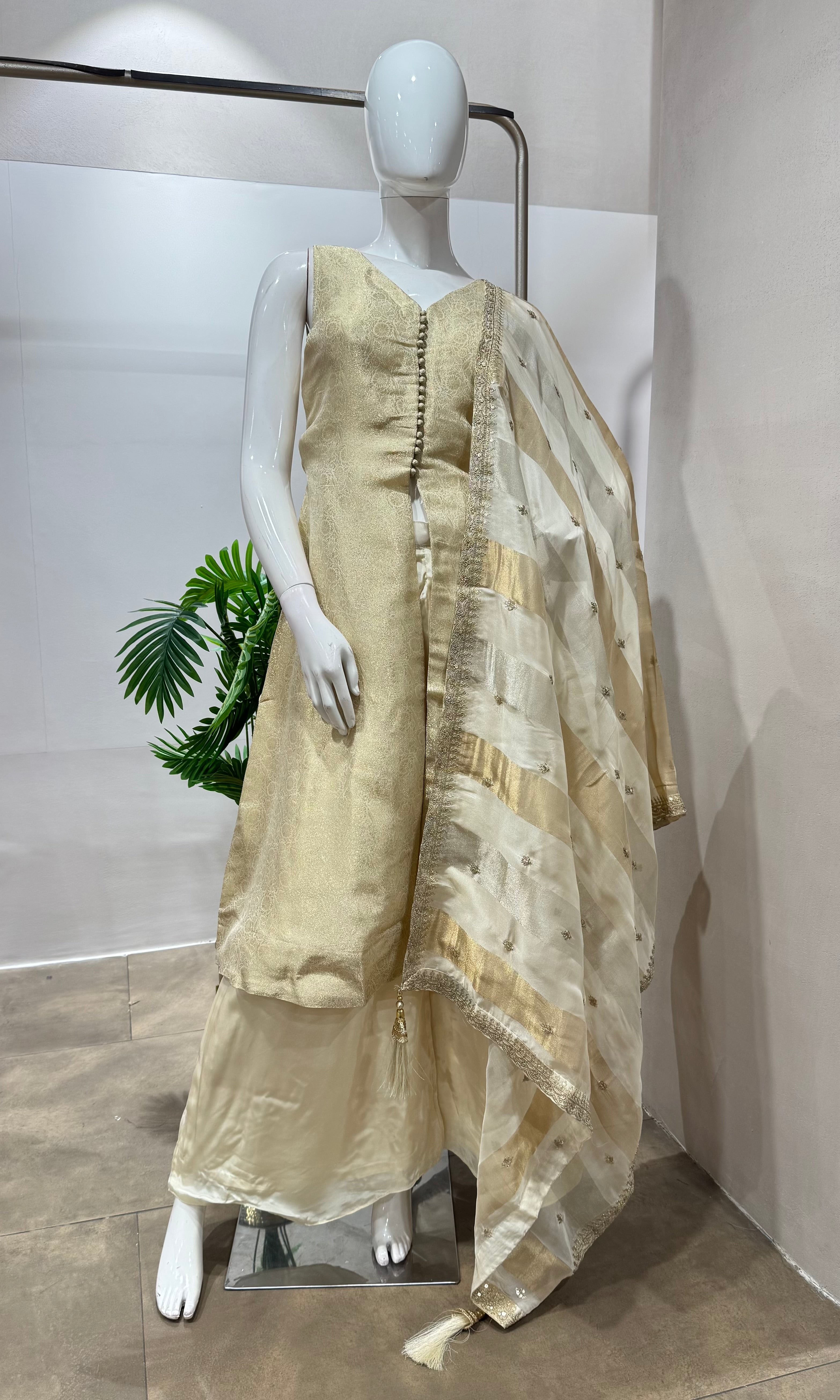 Cream AND GOLD ANARKALI WITH PALAZZO PANTS